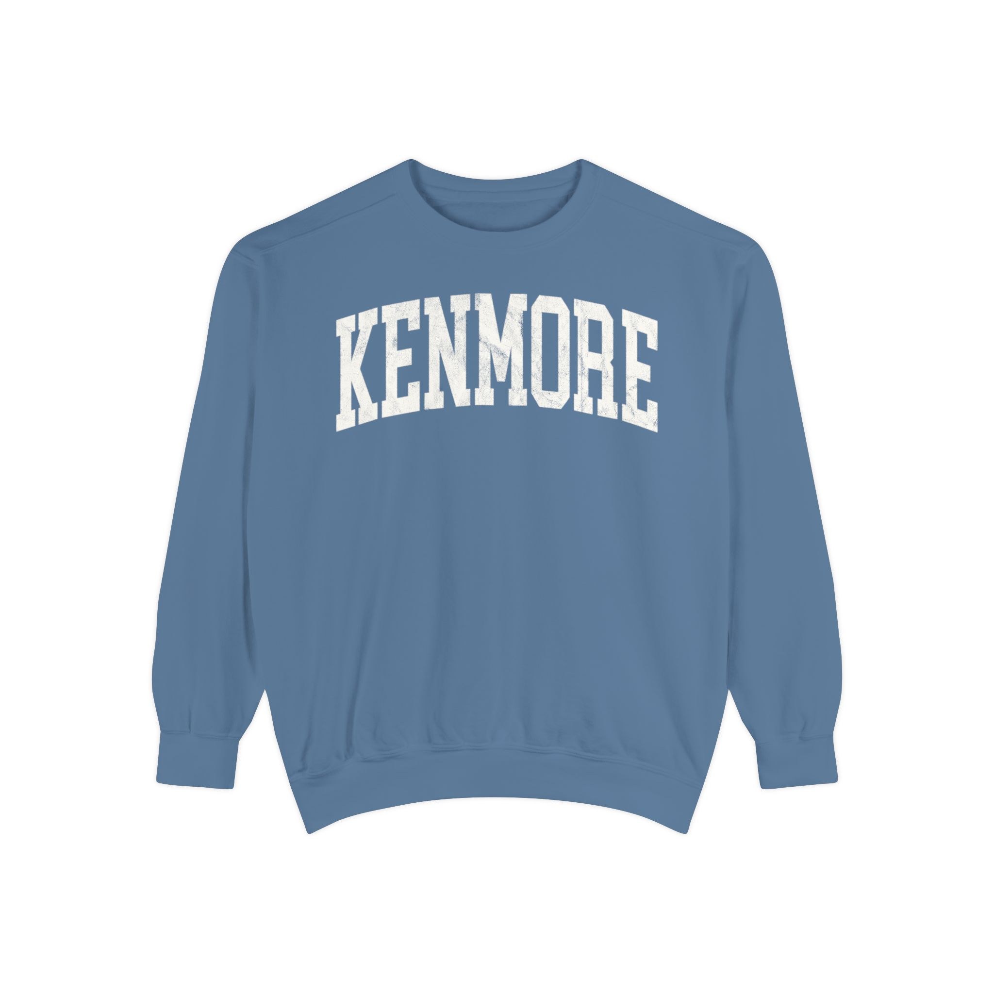 Kenmore Garment-Dyed Crewneck in Samantha Blue, front — KENMORE lettering