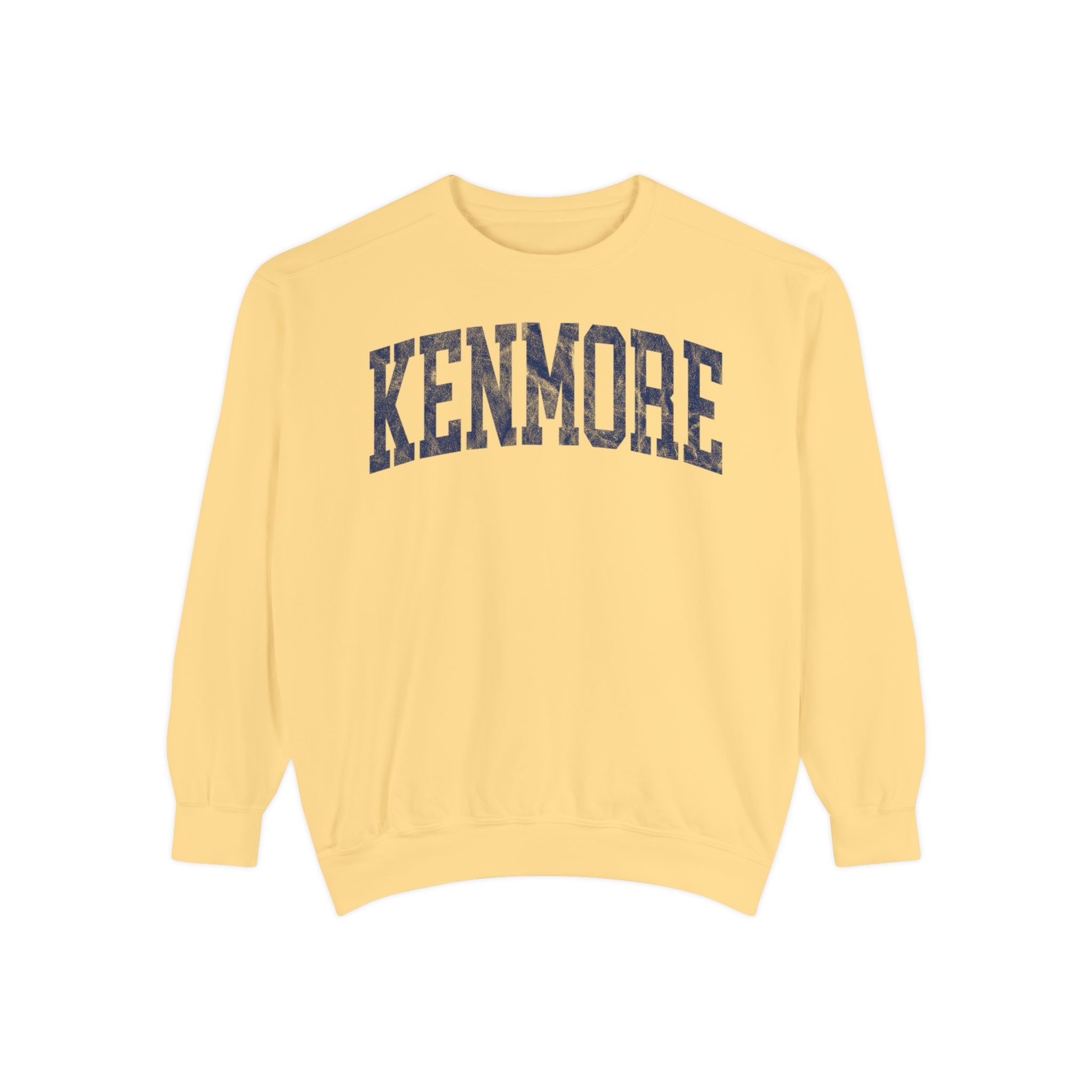 Kenmore Garment-Dyed Crewneck in Unsalted, front — KENMORE lettering