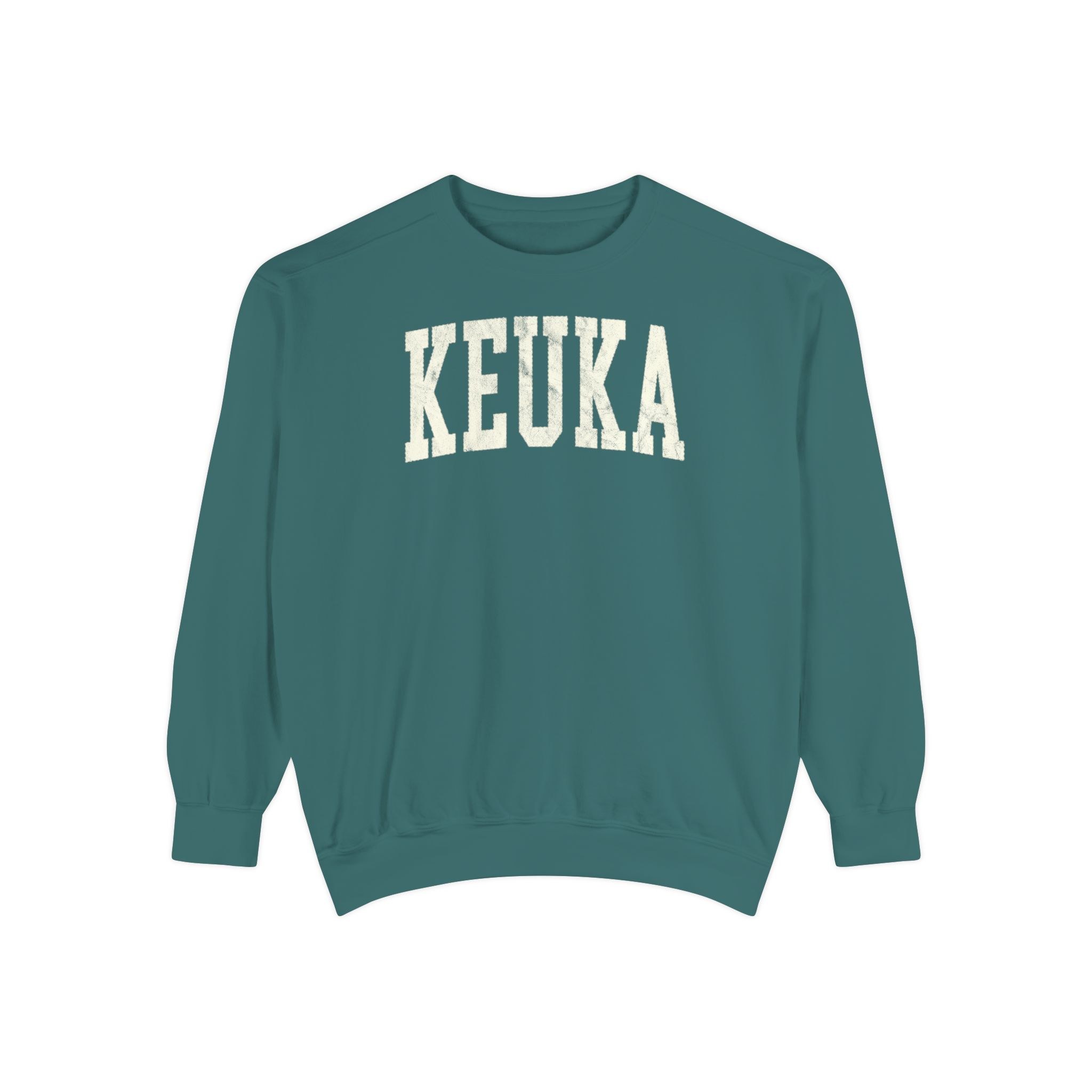 Keuka Garment-Dyed Crewneck in Blue Spruce, front — KEUKA lettering