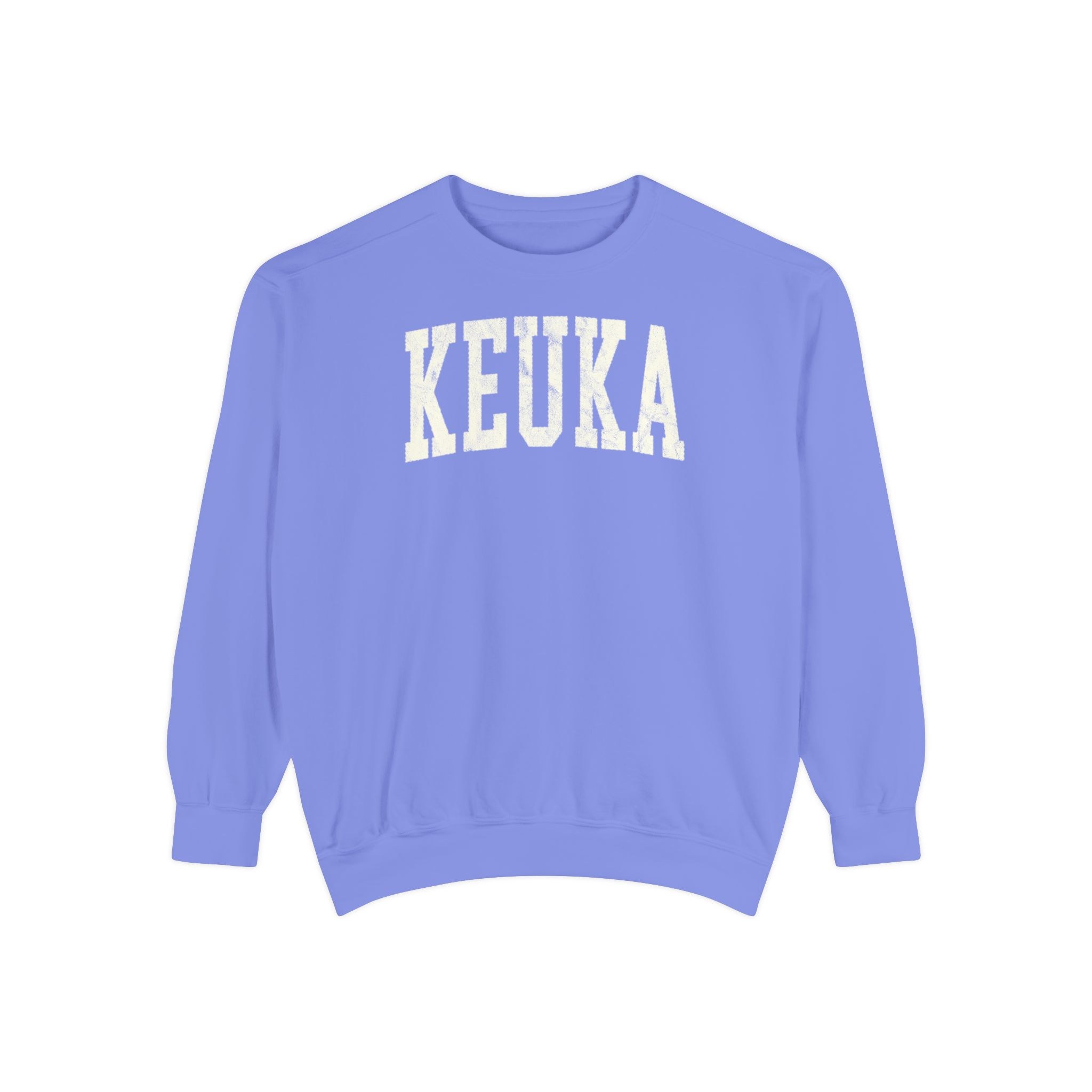 Keuka Garment-Dyed Crewneck in Conesus Blue, front — KEUKA lettering