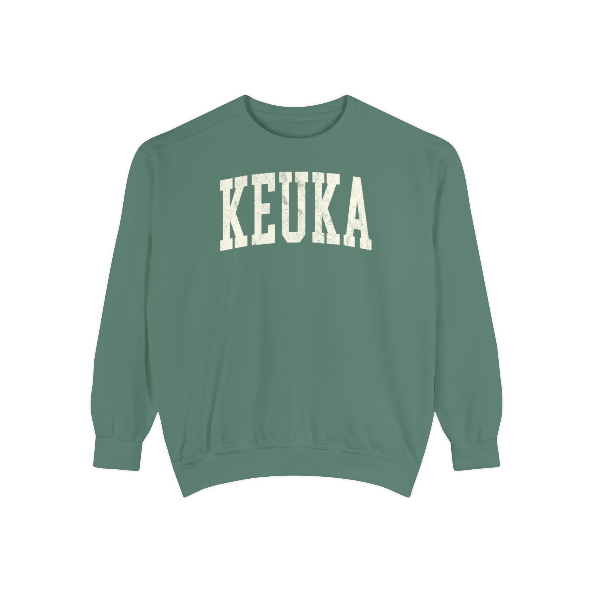 Keuka Garment-Dyed Crewneck in Light Green, front — KEUKA lettering