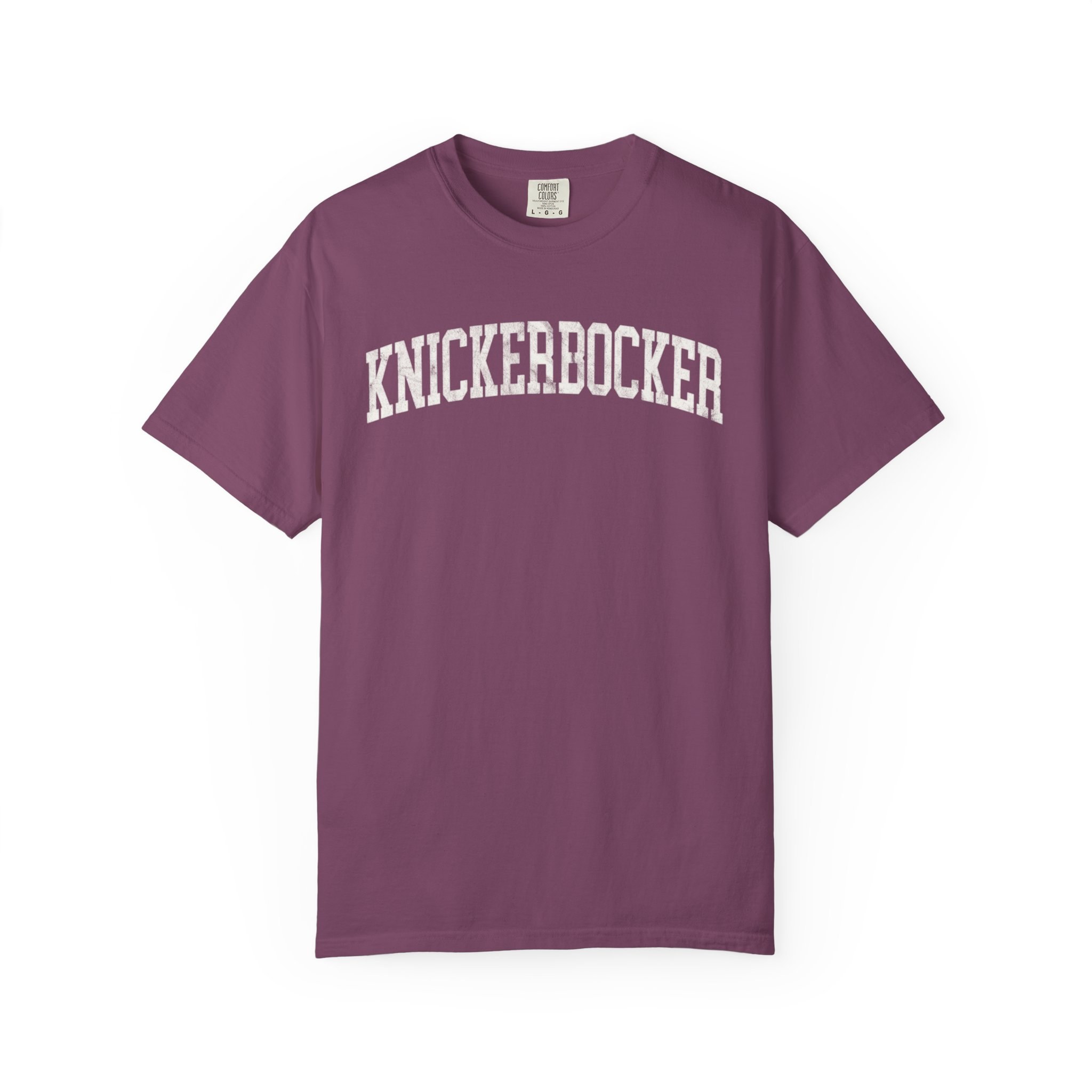 Knickerbocker Garment-Dyed Tee in Açai Berry, front — KNICKERBOCKER lettering