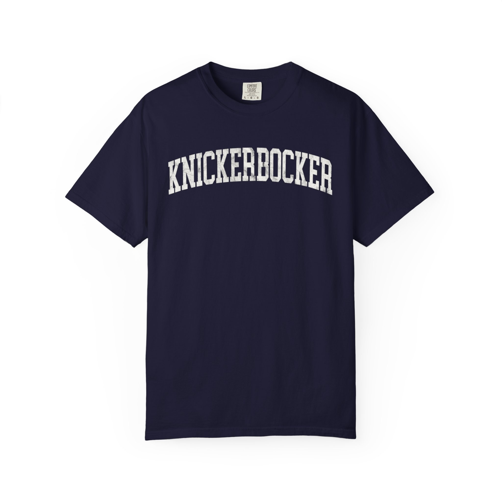 Knickerbocker Garment-Dyed Tee in Boathouse Blue, front — KNICKERBOCKER lettering