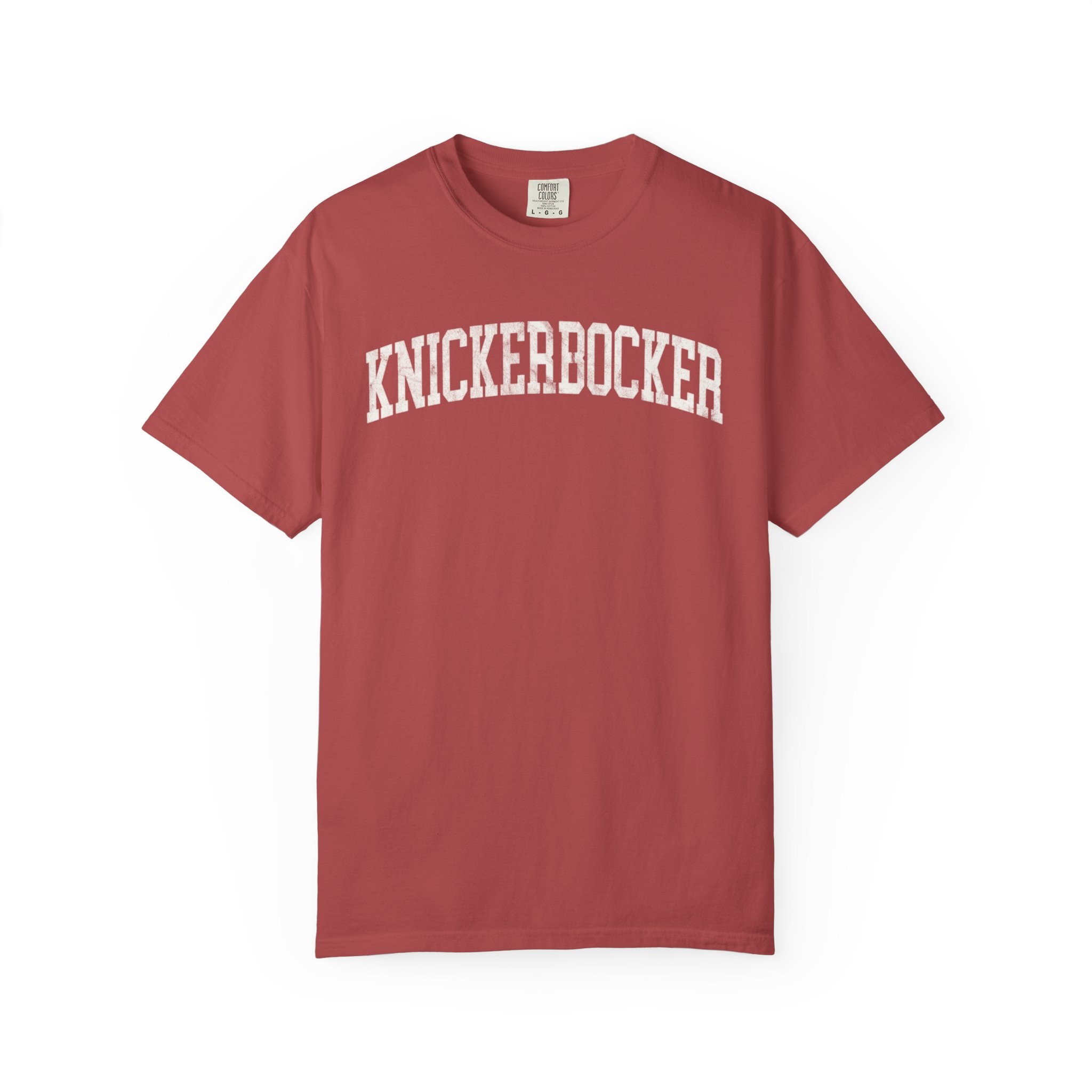 Knickerbocker Garment-Dyed Tee in Collegiate Crimson, front — KNICKERBOCKER lettering