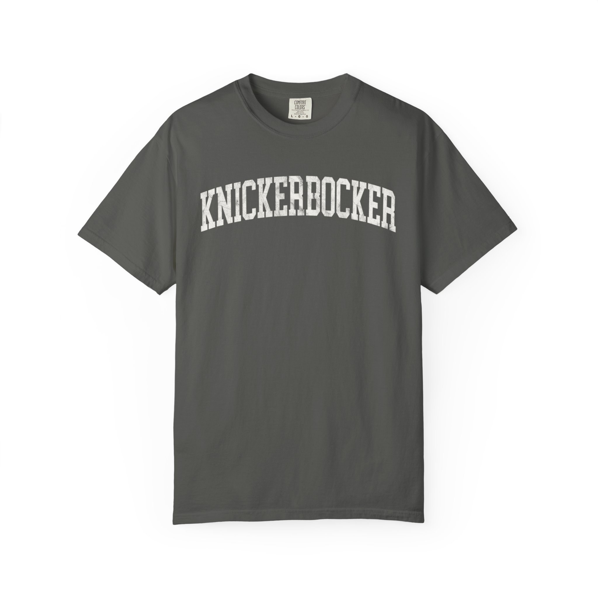 Knickerbocker Garment-Dyed Tee in Concrete, front — KNICKERBOCKER lettering