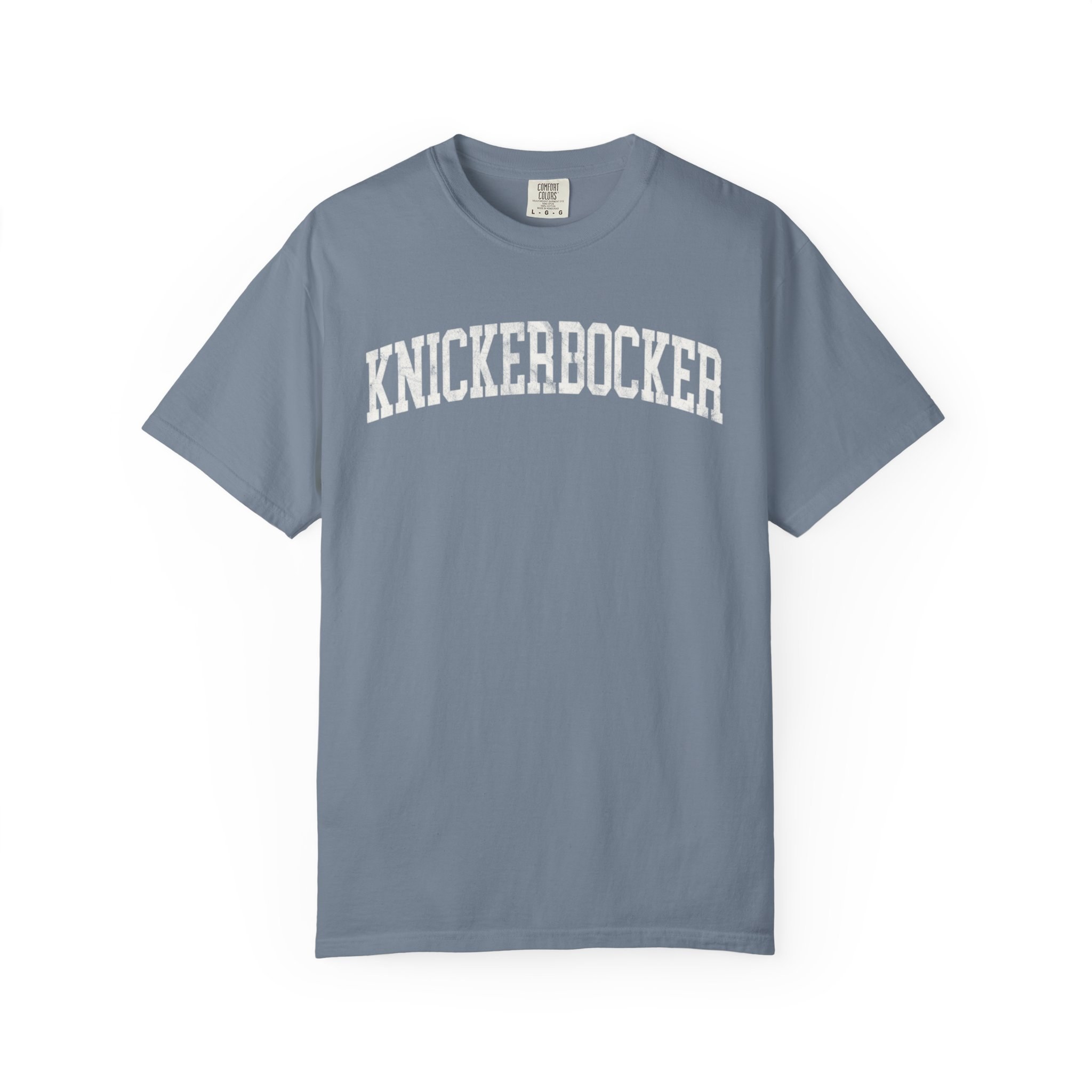 Knickerbocker Garment-Dyed Tee in Samantha Blue, front — KNICKERBOCKER lettering