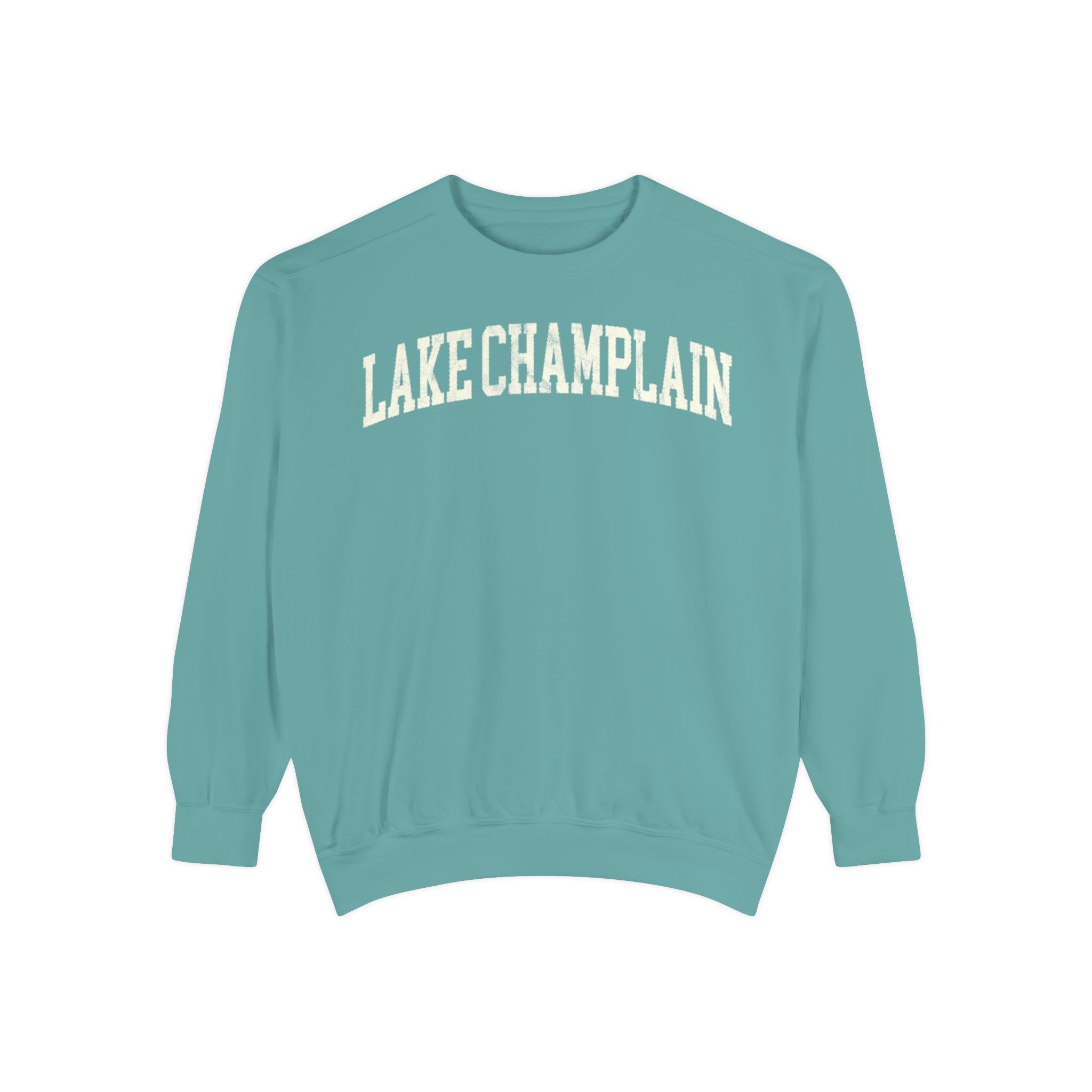 Lake Champlain Garment-Dyed Crewneck in Erie Blue, front — LAKE CHAMPLAIN lettering