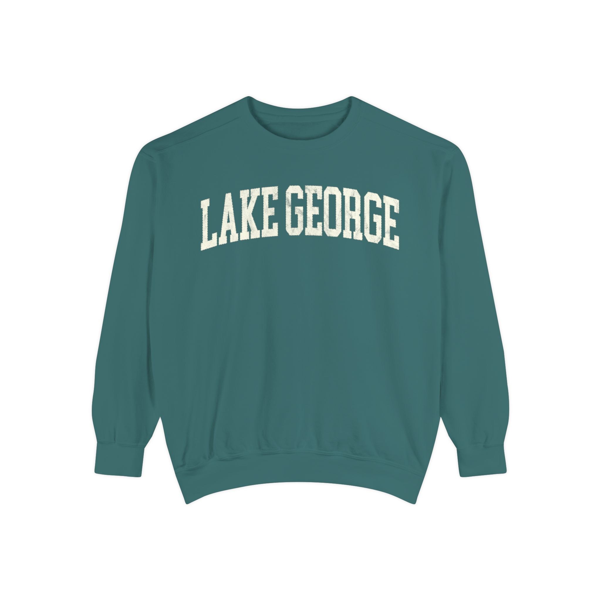Lake George Garment-Dyed Crewneck in Blue Spruce, front — LAKE GEORGE lettering