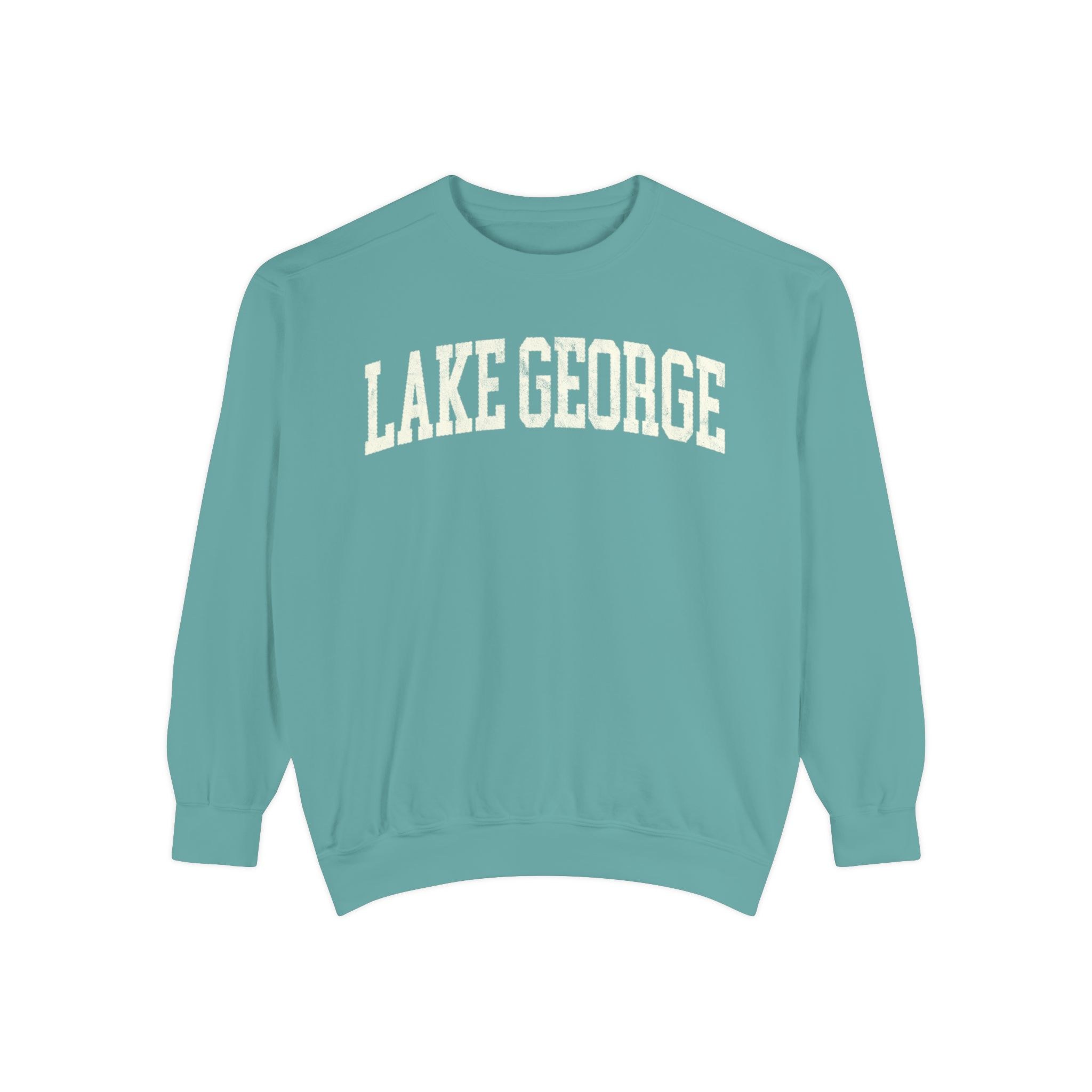 Lake George Garment-Dyed Crewneck in Erie Blue, front — LAKE GEORGE lettering