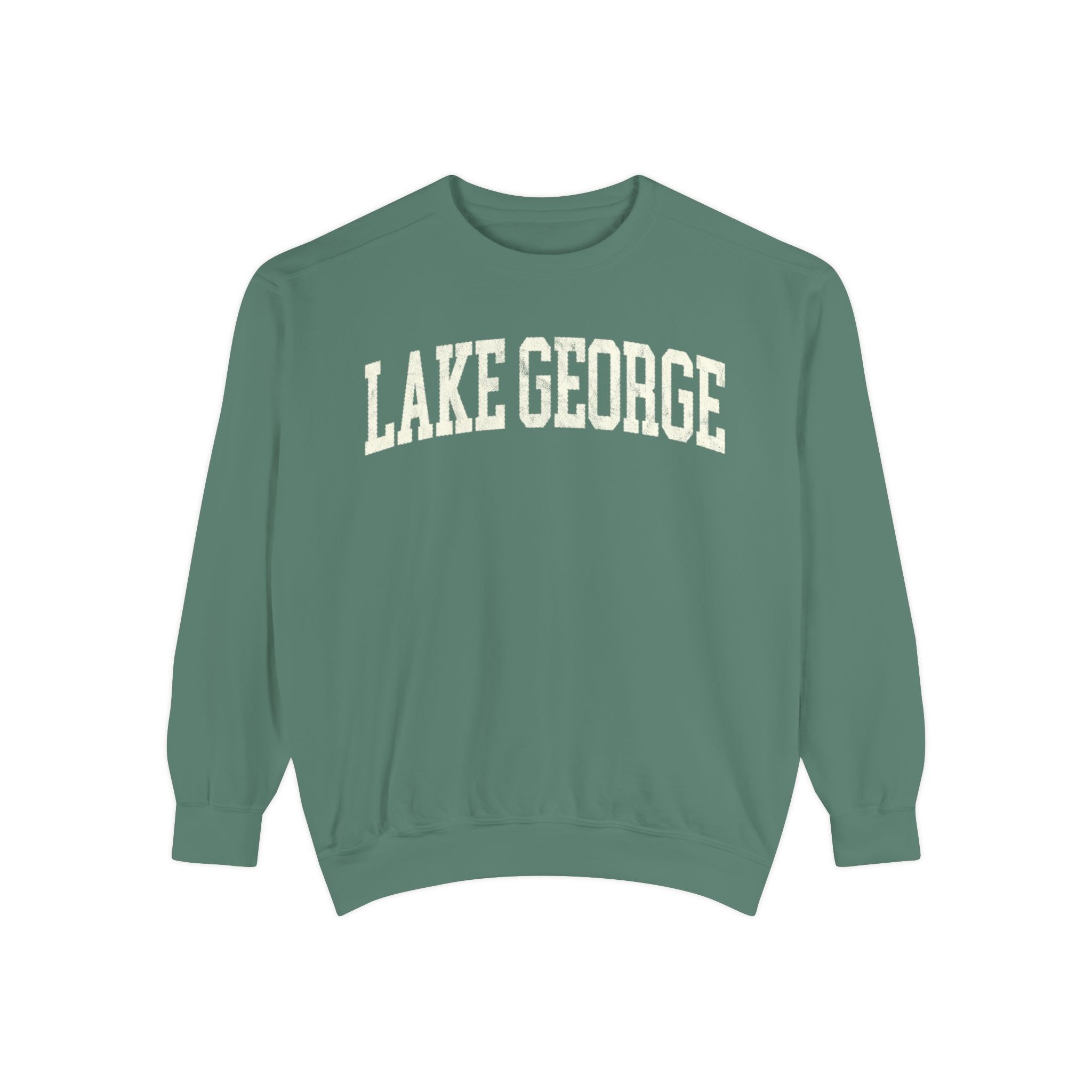 Lake George Garment-Dyed Crewneck in Light Green, front — LAKE GEORGE lettering
