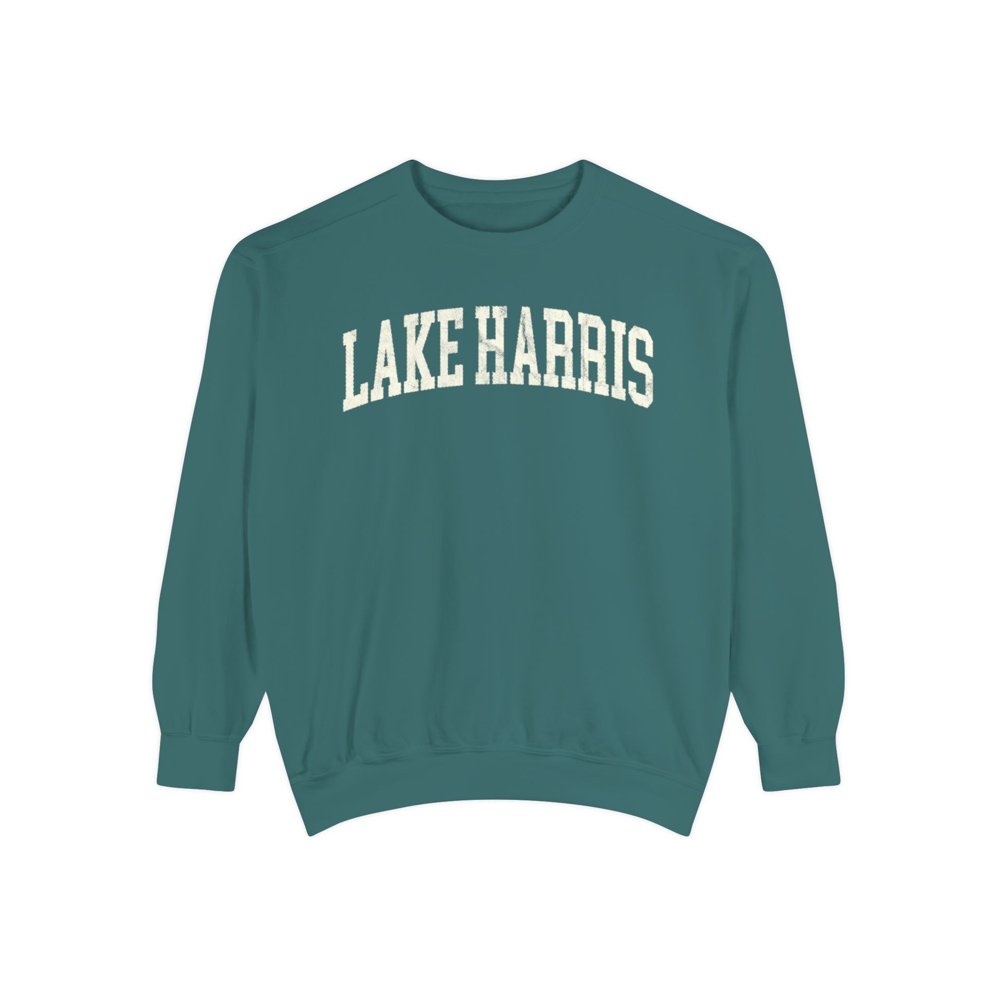 Lake Harris Garment-Dyed Crewneck in Blue Spruce, front — LAKE HARRIS lettering