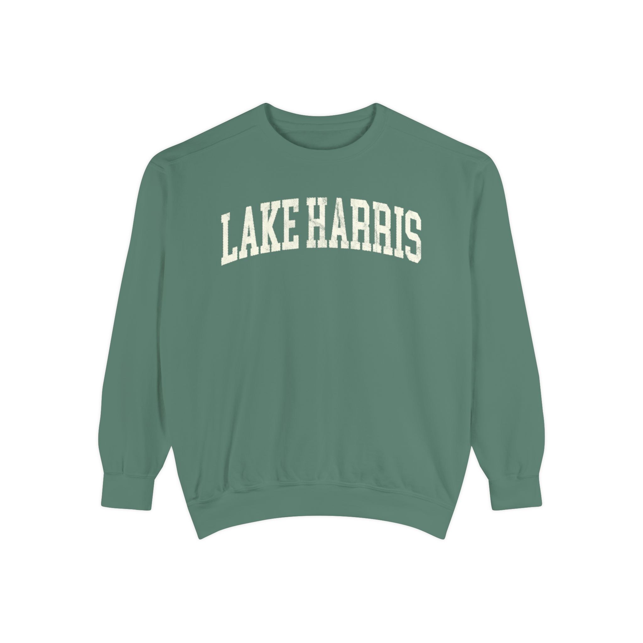 Lake Harris Garment-Dyed Crewneck in Light Green, front — LAKE HARRIS lettering