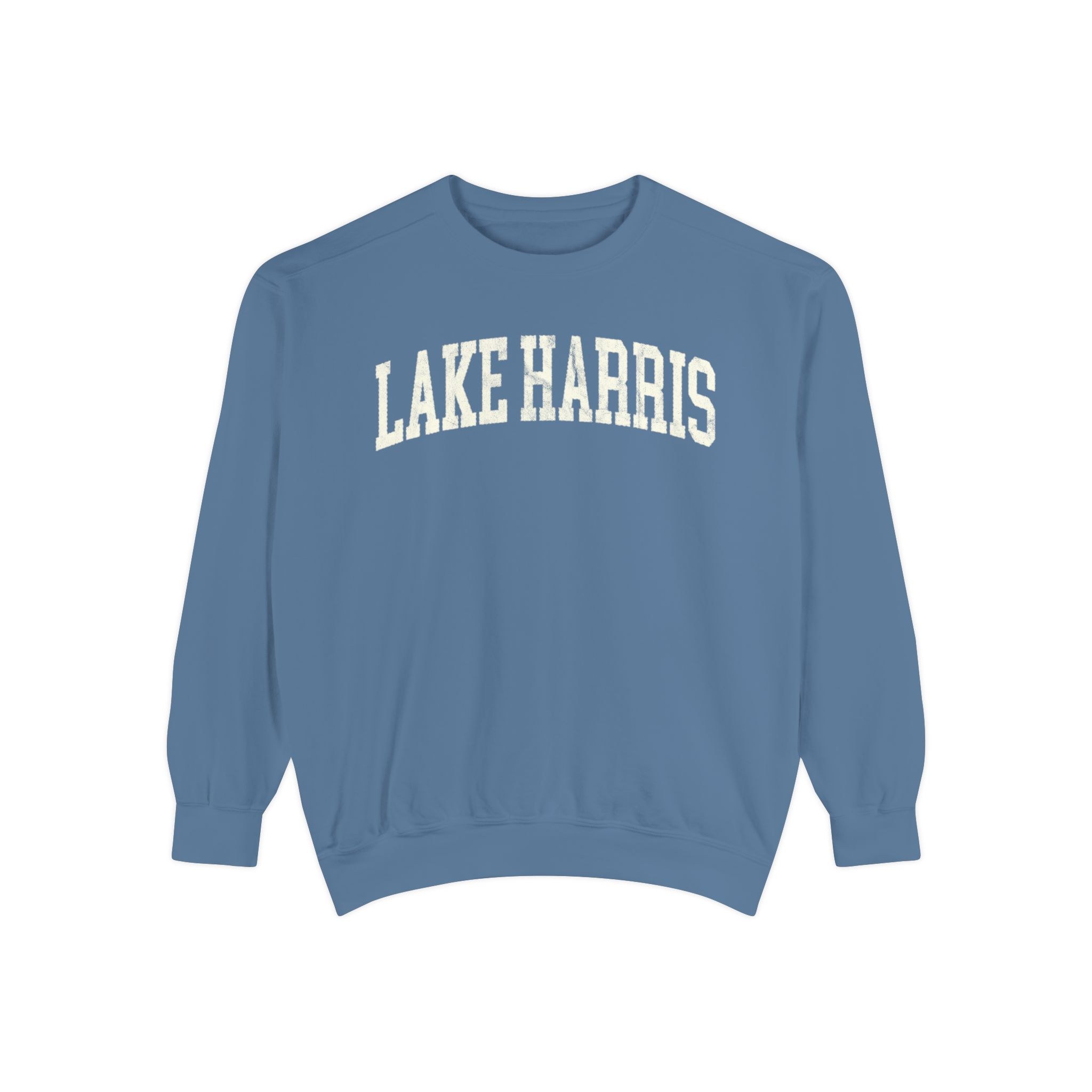 Lake Harris Garment-Dyed Crewneck in Samantha Blue, front — LAKE HARRIS lettering