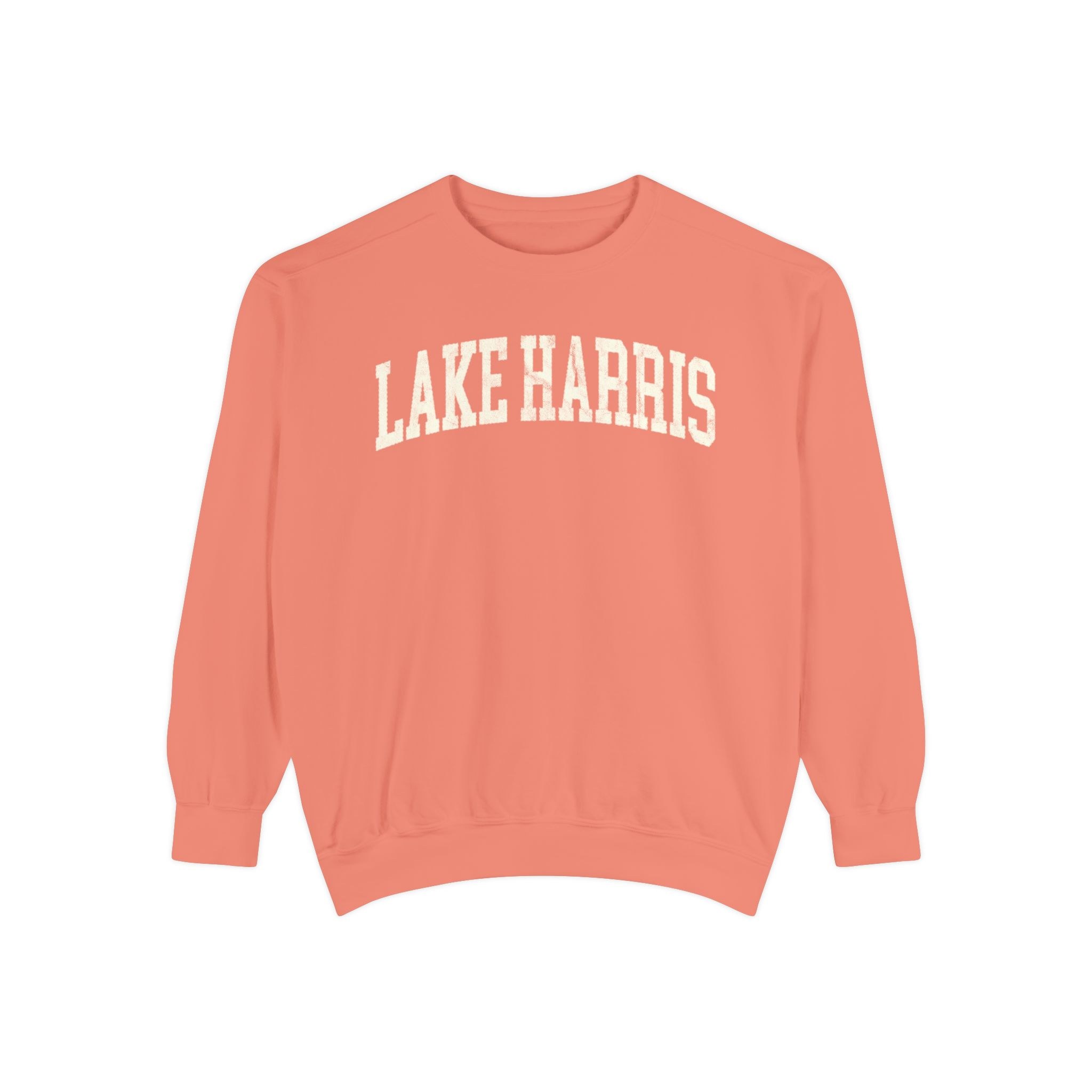 Lake Harris Garment-Dyed Crewneck in Terracotta, front — LAKE HARRIS lettering
