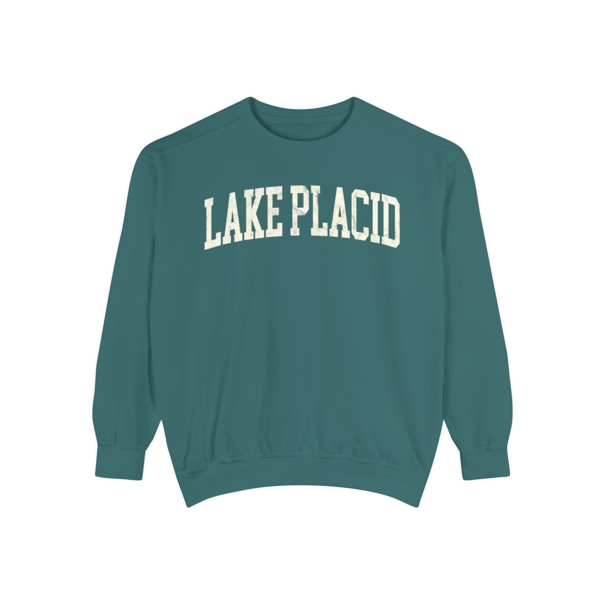 Lake Placid Garment-Dyed Crewneck in Blue Spruce, front — LAKE PLACID lettering