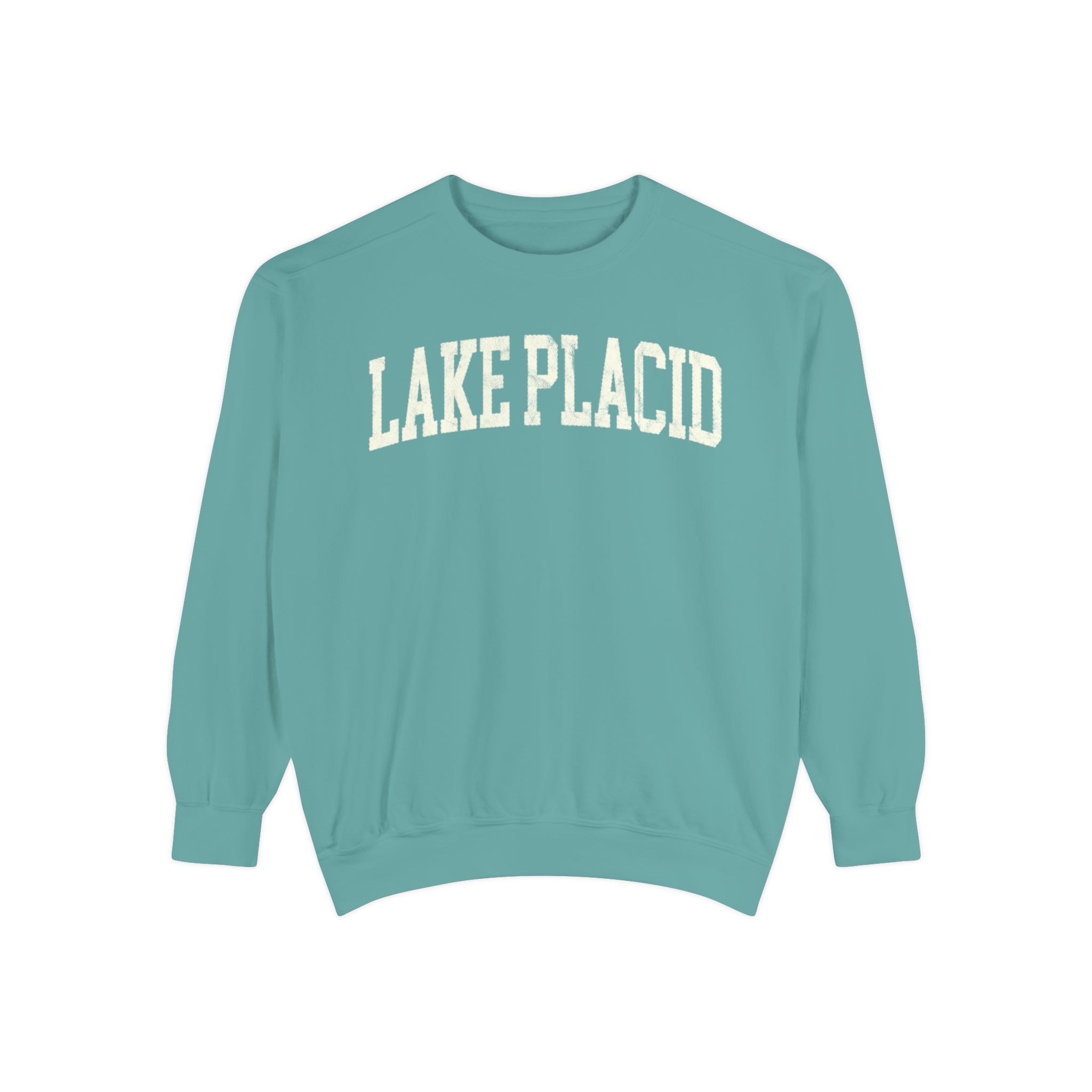 Lake Placid Garment-Dyed Crewneck in Erie Blue, front — LAKE PLACID lettering