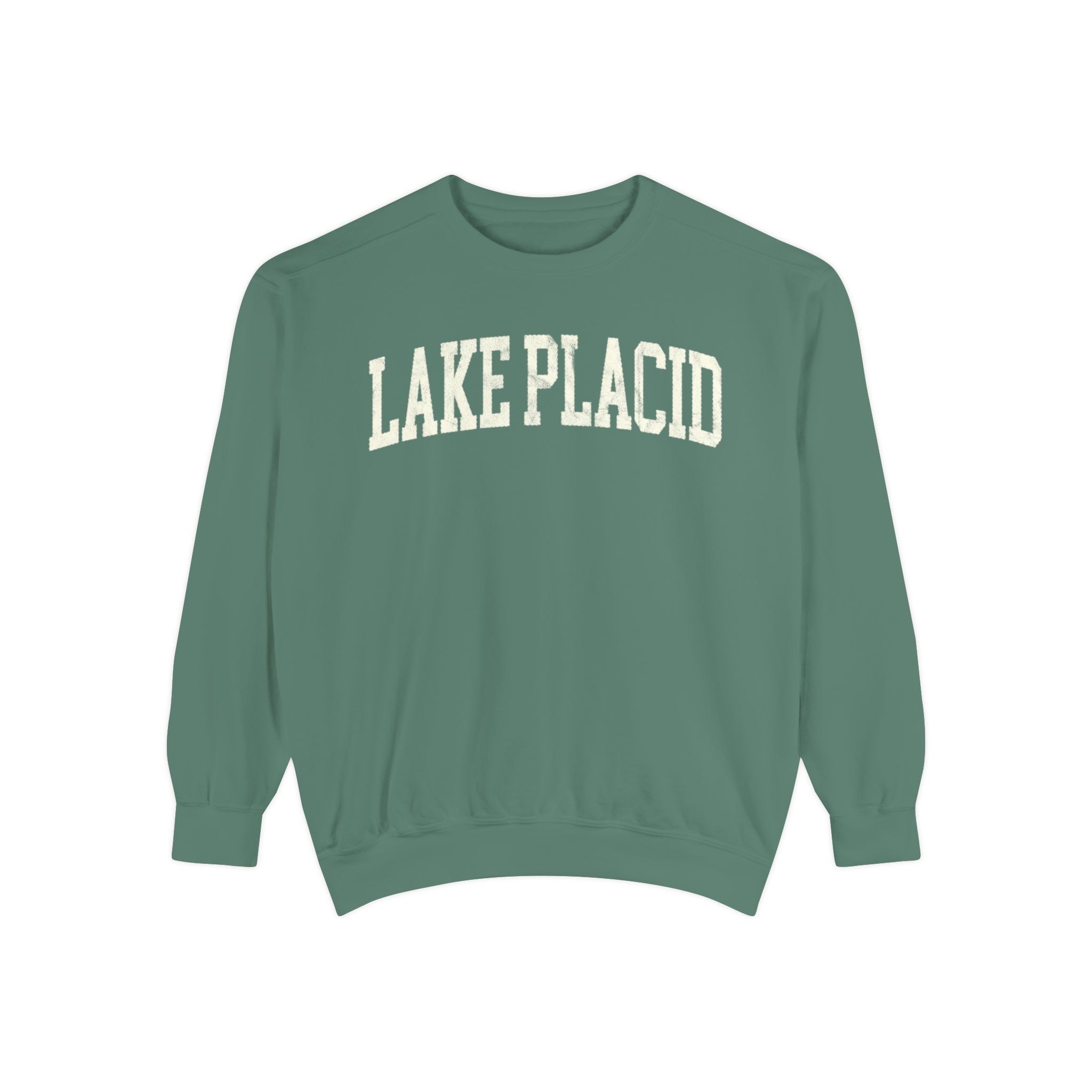 Lake Placid Garment-Dyed Crewneck in Light Green, front — LAKE PLACID lettering