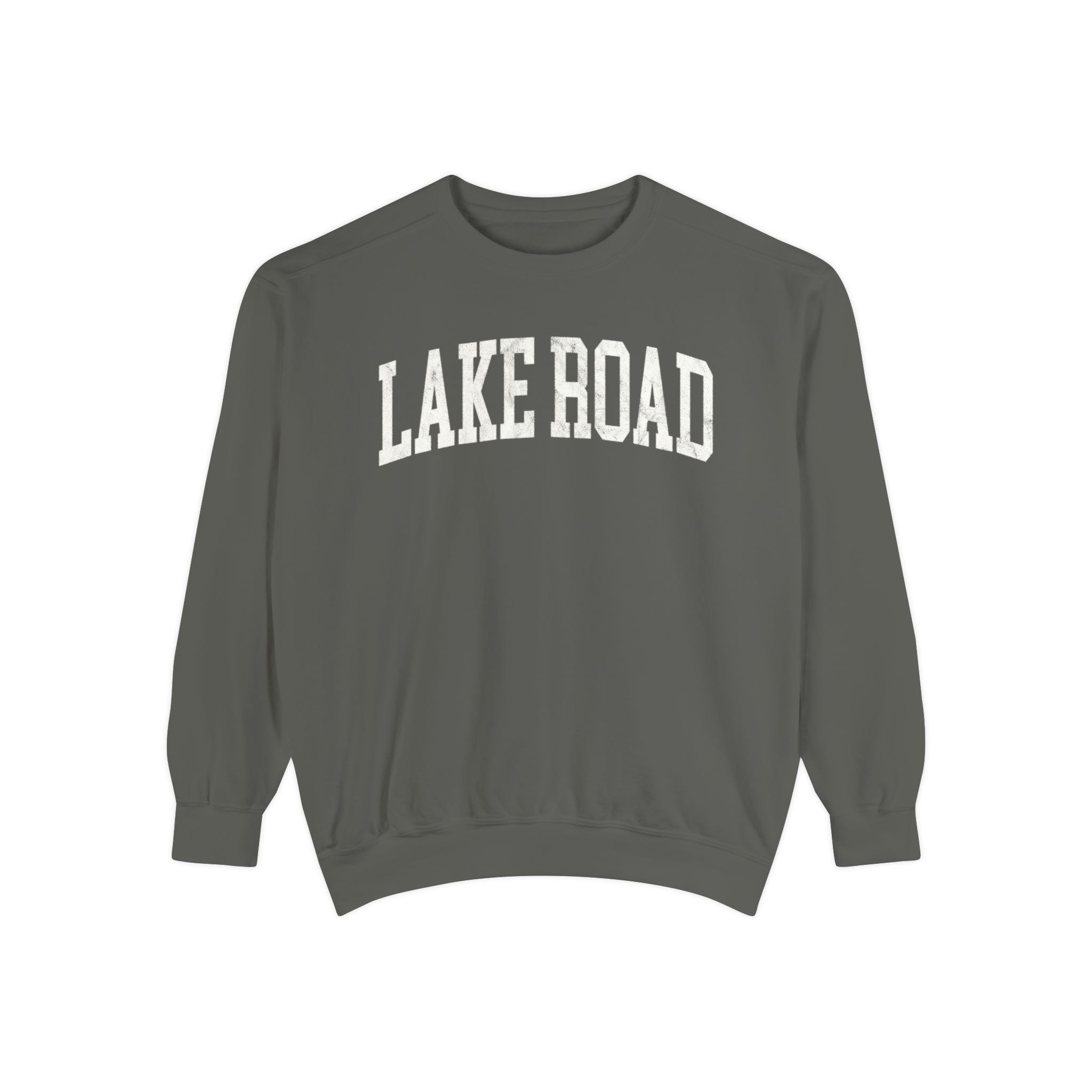 Lake Road Garment-Dyed Crewneck in Concrete, front — LAKE ROAD lettering