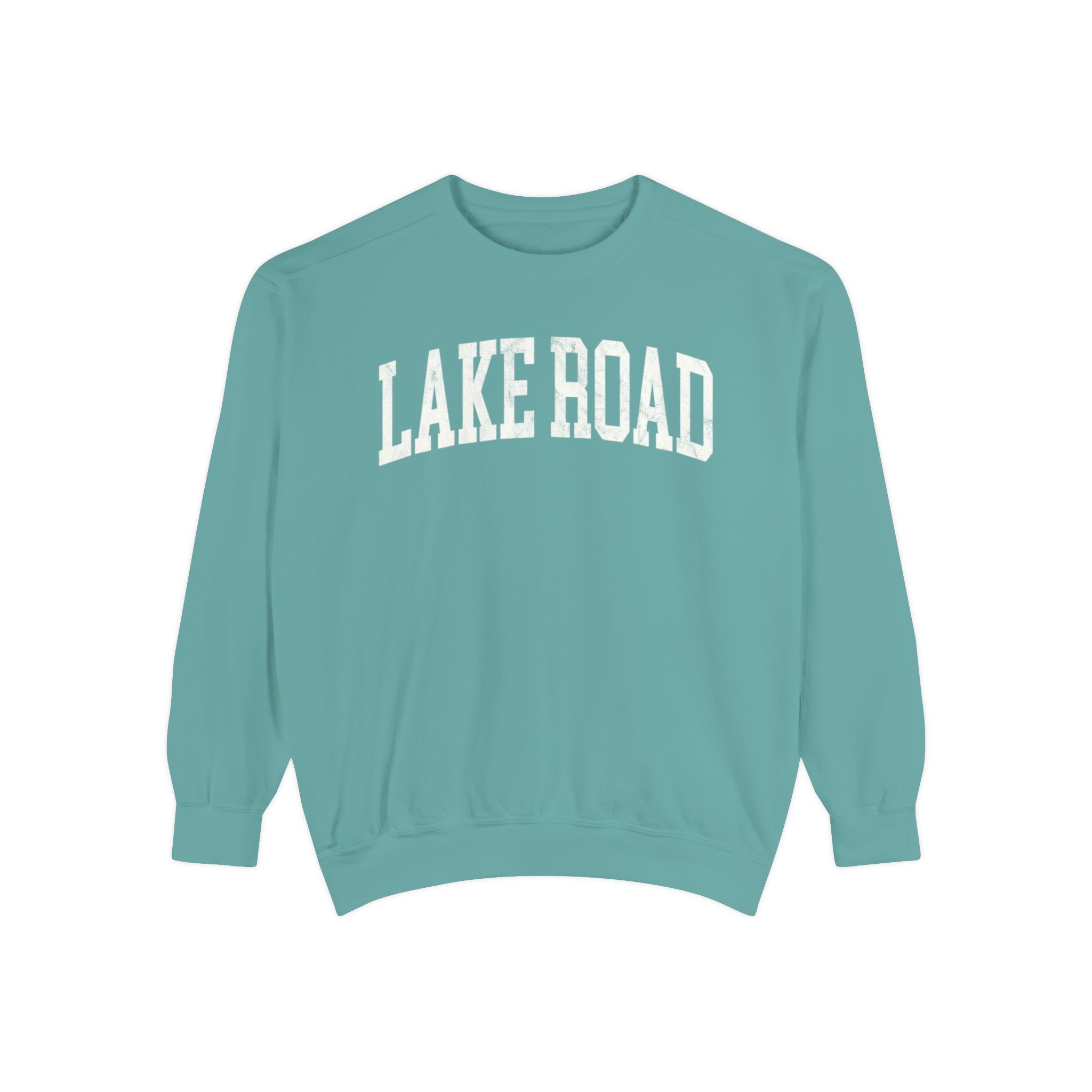 Lake Road Garment-Dyed Crewneck in Erie Blue, front — LAKE ROAD lettering