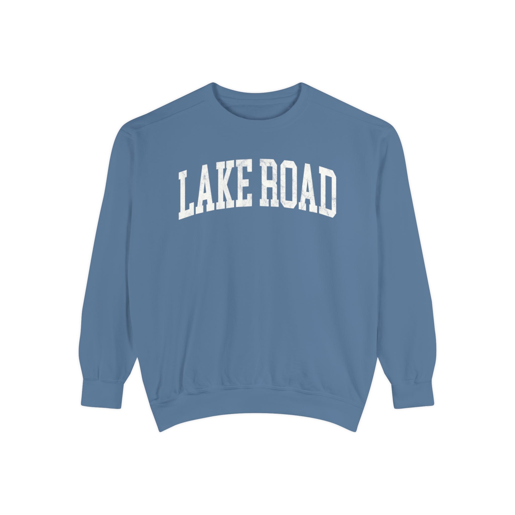 Lake Road Garment-Dyed Crewneck in Samantha Blue, front — LAKE ROAD lettering