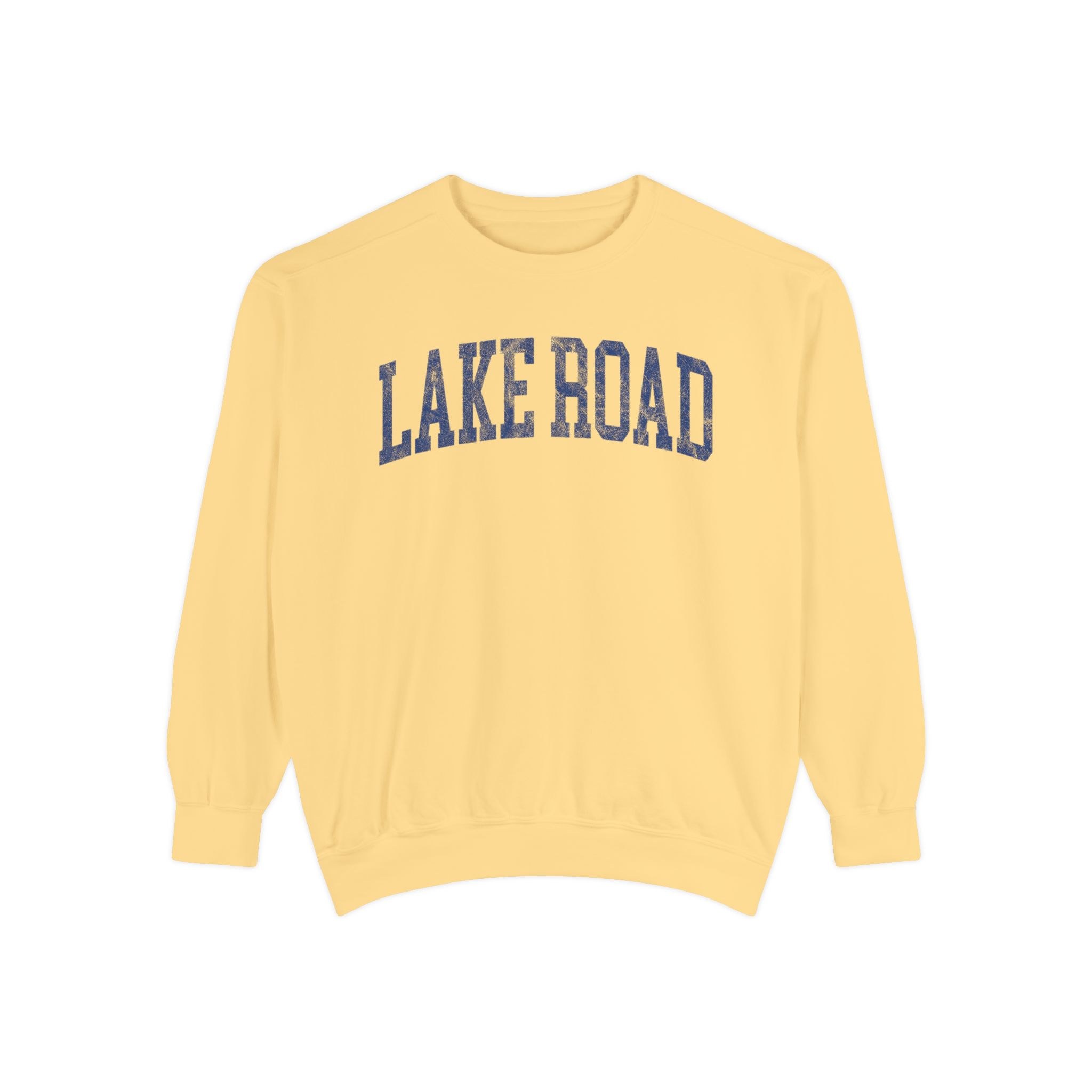 Lake Road Garment-Dyed Crewneck in Unsalted, front — LAKE ROAD lettering