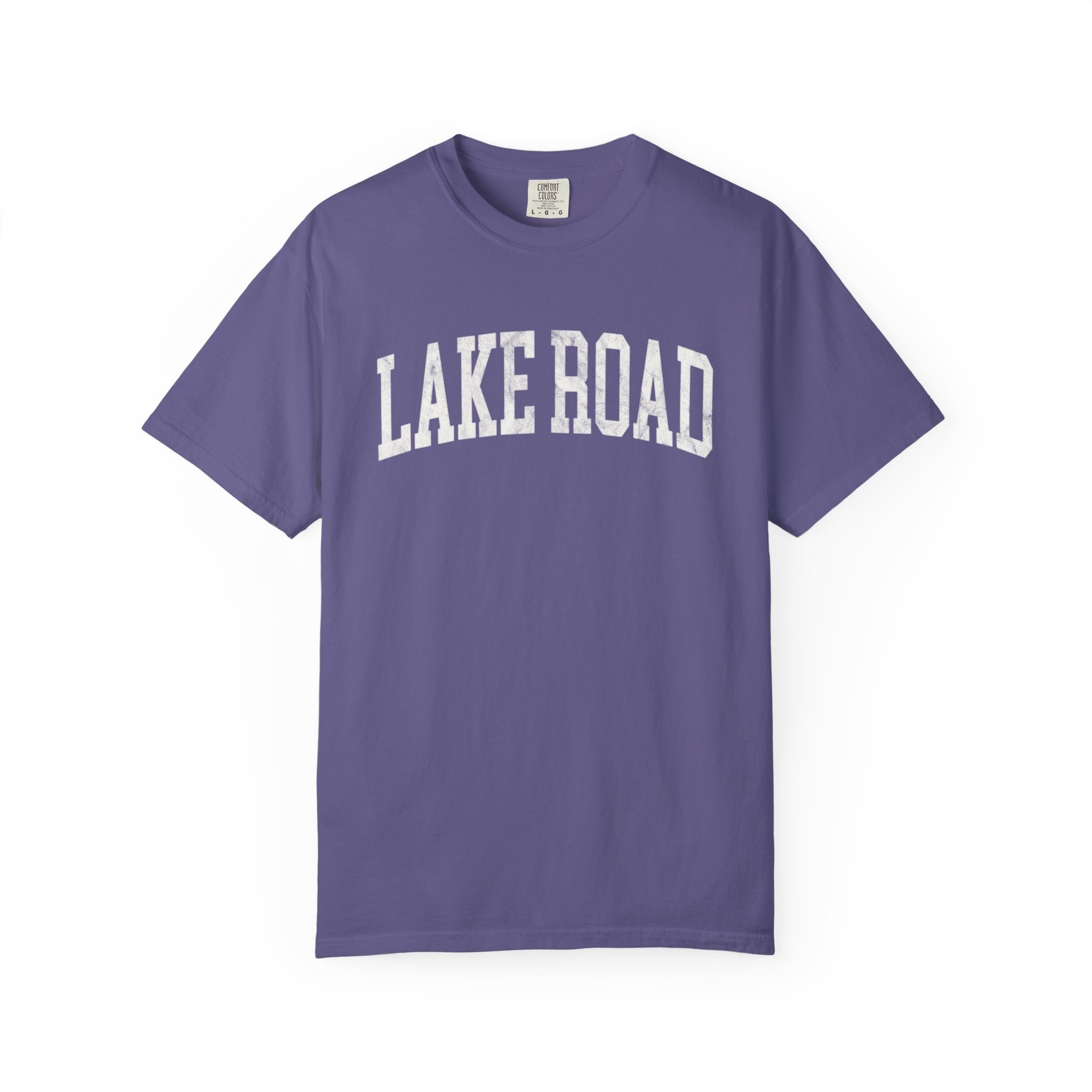 Lake Road Garment-Dyed Tee in Beauregarde Violet, front — LAKE ROAD lettering