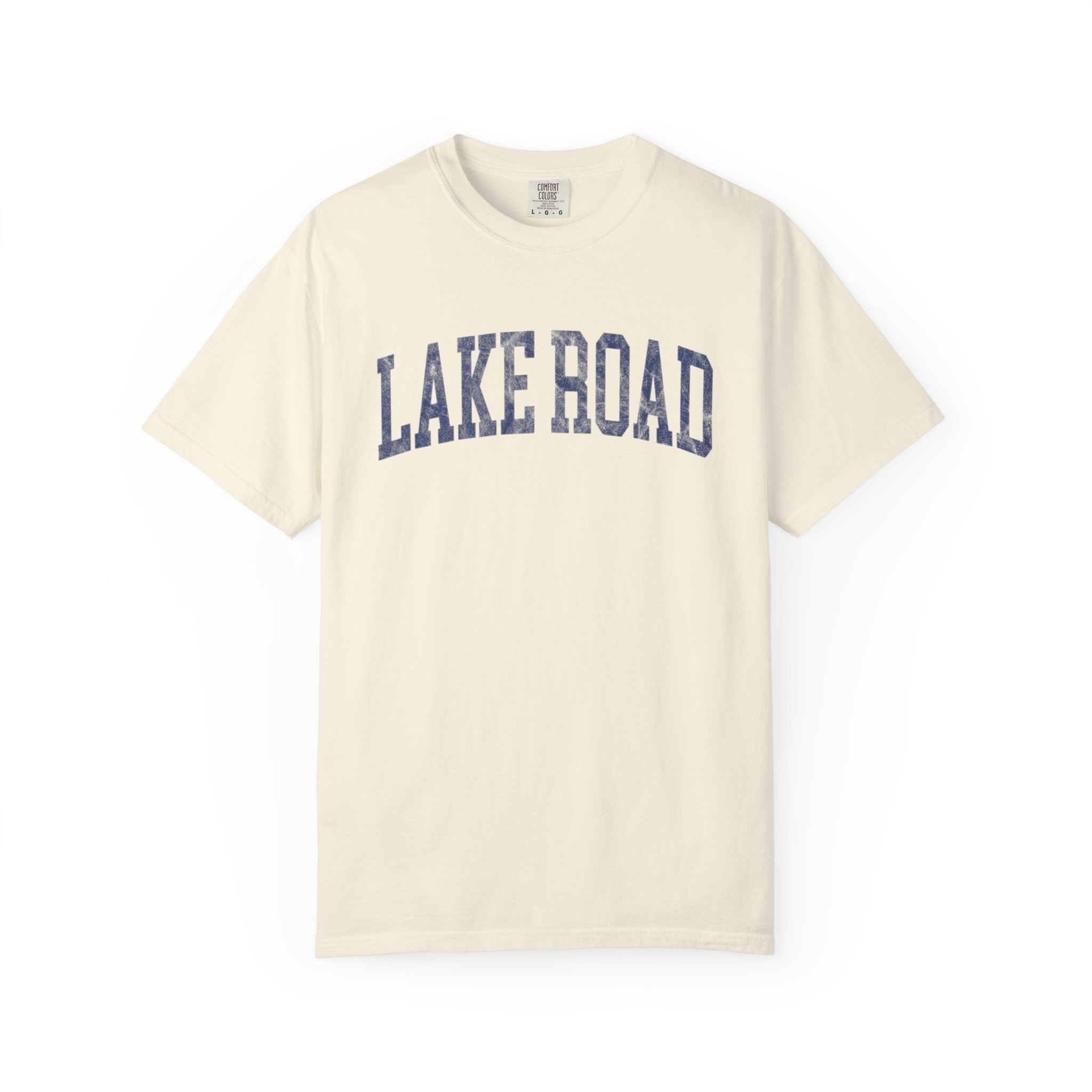 Lake Road Garment-Dyed Tee in Crème Fraîche, front — LAKE ROAD lettering