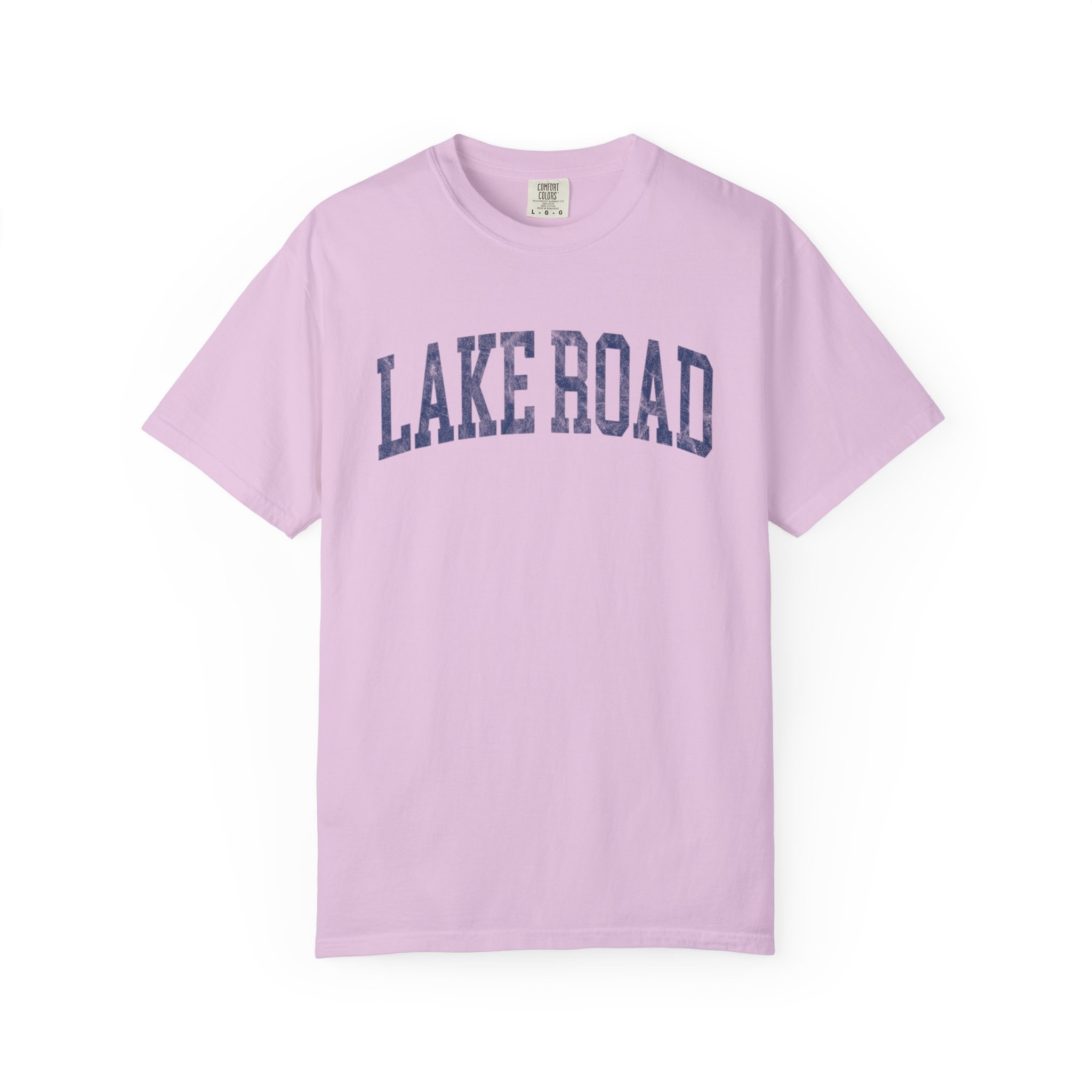 Lake Road Garment-Dyed Tee in Lilac Szn, front — LAKE ROAD lettering