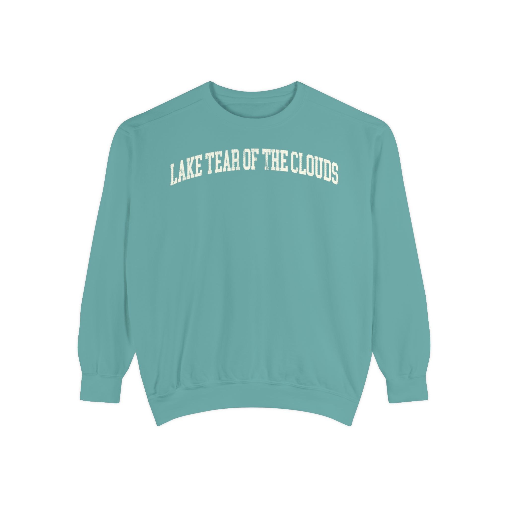 Lake Tear of the Clouds Garment-Dyed Crewneck in Erie Blue, front — LAKE TEAR OF THE CLOUDS lettering