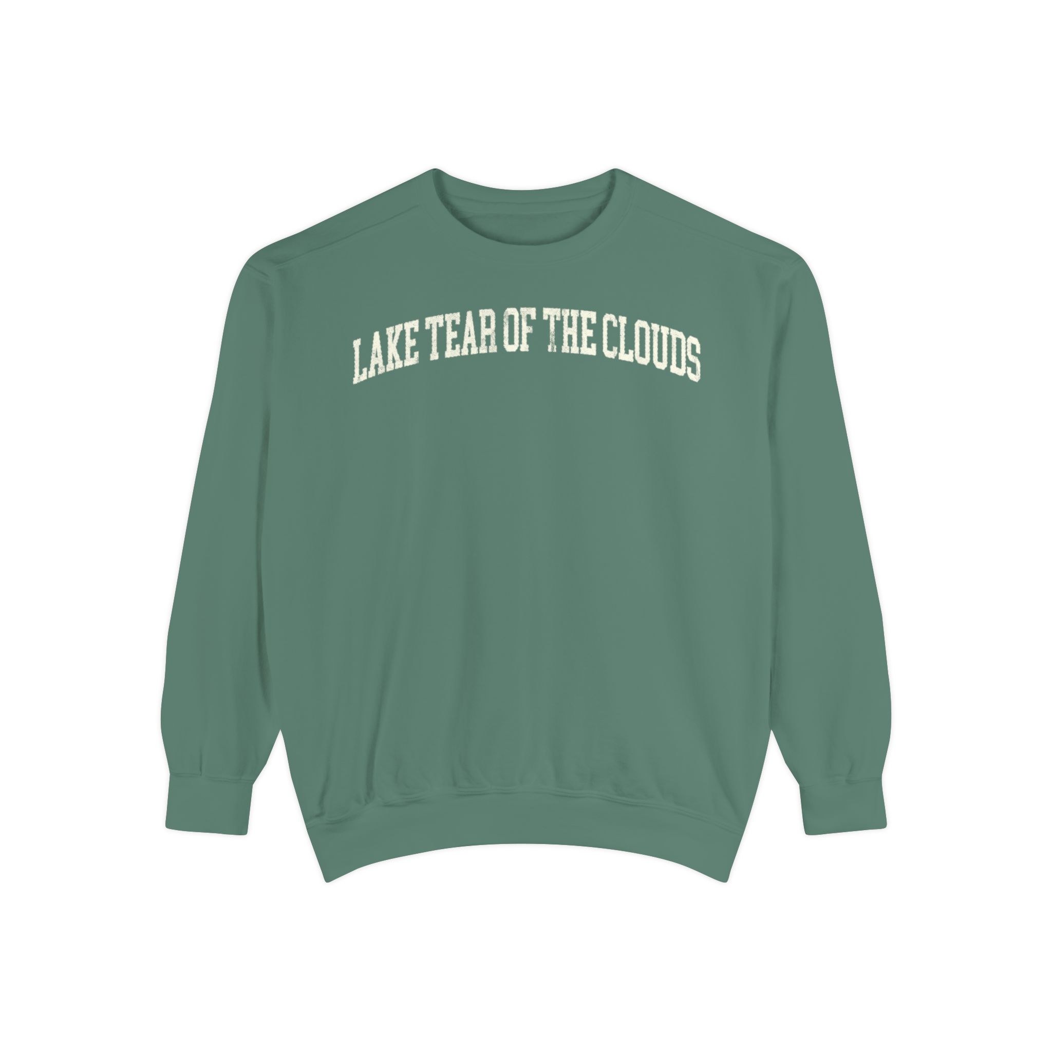 Lake Tear of the Clouds Garment-Dyed Crewneck in Light Green, front — LAKE TEAR OF THE CLOUDS lettering