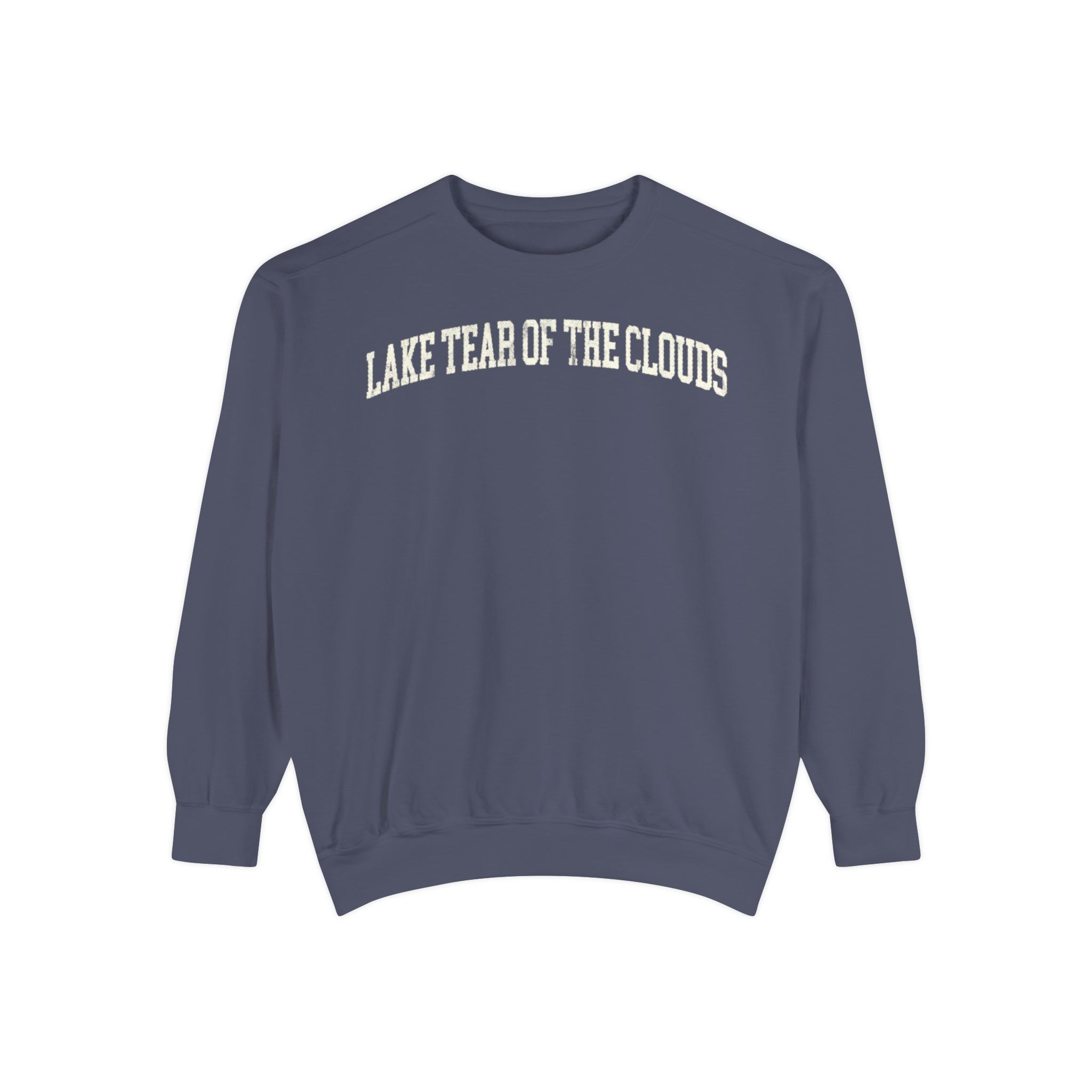 Lake Tear of the Clouds Garment-Dyed Crewneck in Predawn, front — LAKE TEAR OF THE CLOUDS lettering