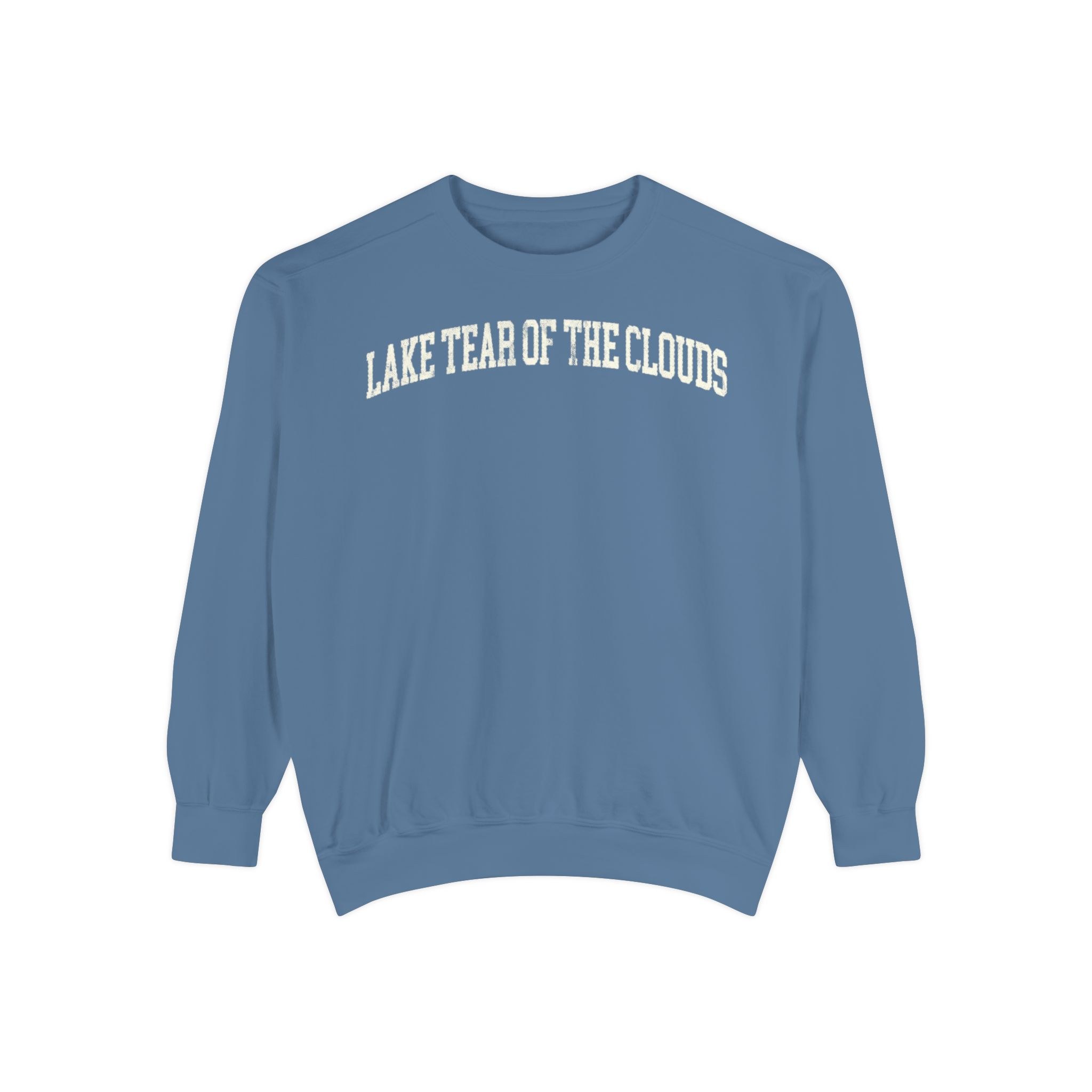Lake Tear of the Clouds Garment-Dyed Crewneck in Samantha Blue, front — LAKE TEAR OF THE CLOUDS lettering