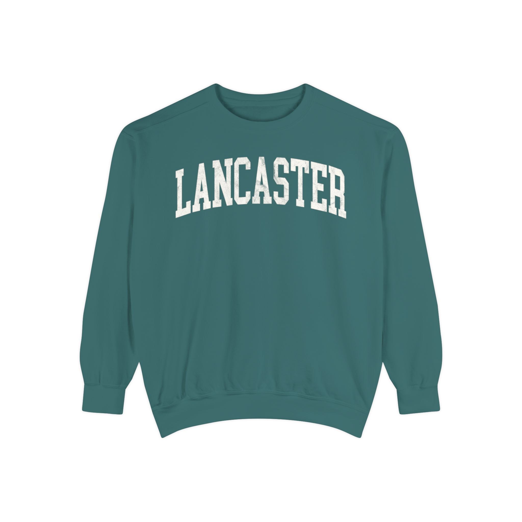 Lancaster Garment-Dyed Crewneck in Blue Spruce, front — LANCASTER lettering