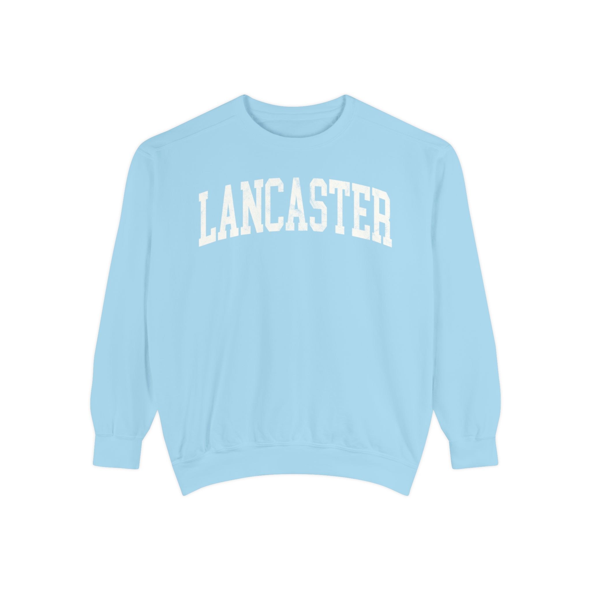 Lancaster Garment-Dyed Crewneck in Blueberry Milk, front — LANCASTER lettering