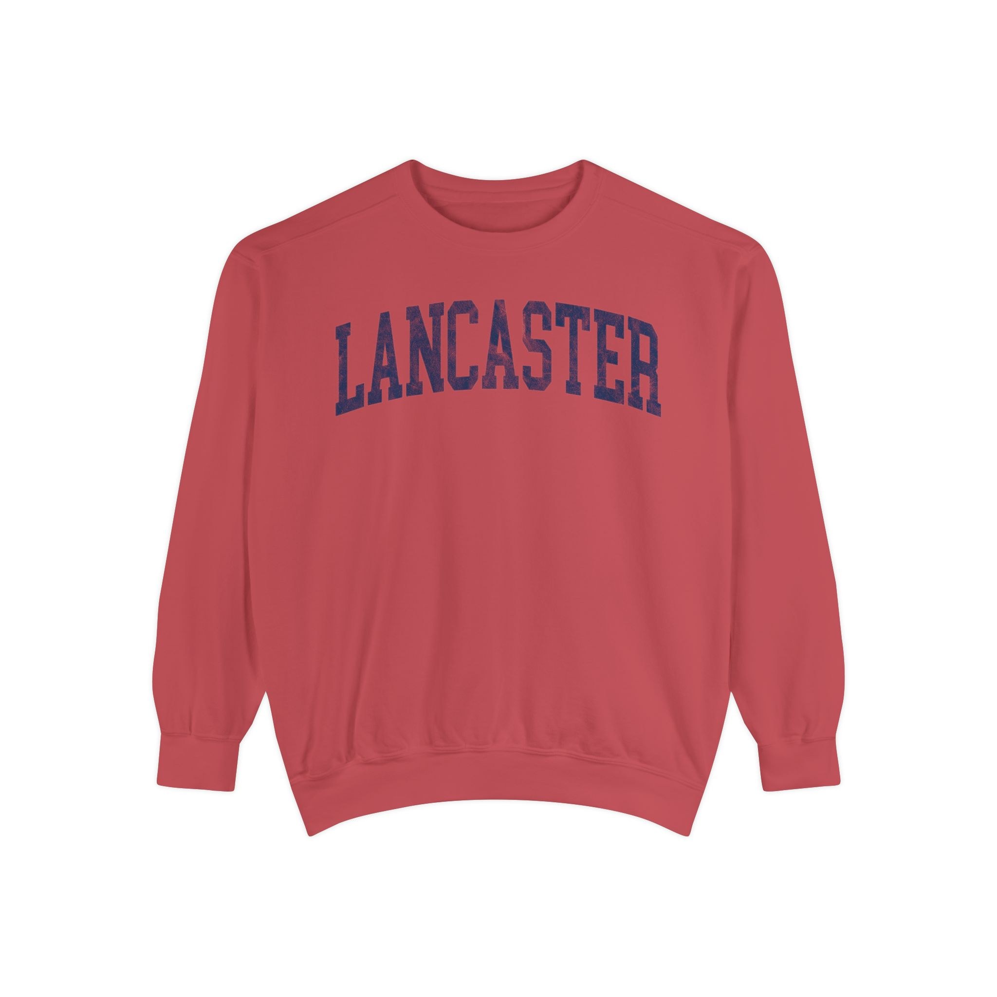 Lancaster Garment-Dyed Crewneck in Collegiate Crimson, front — LANCASTER lettering