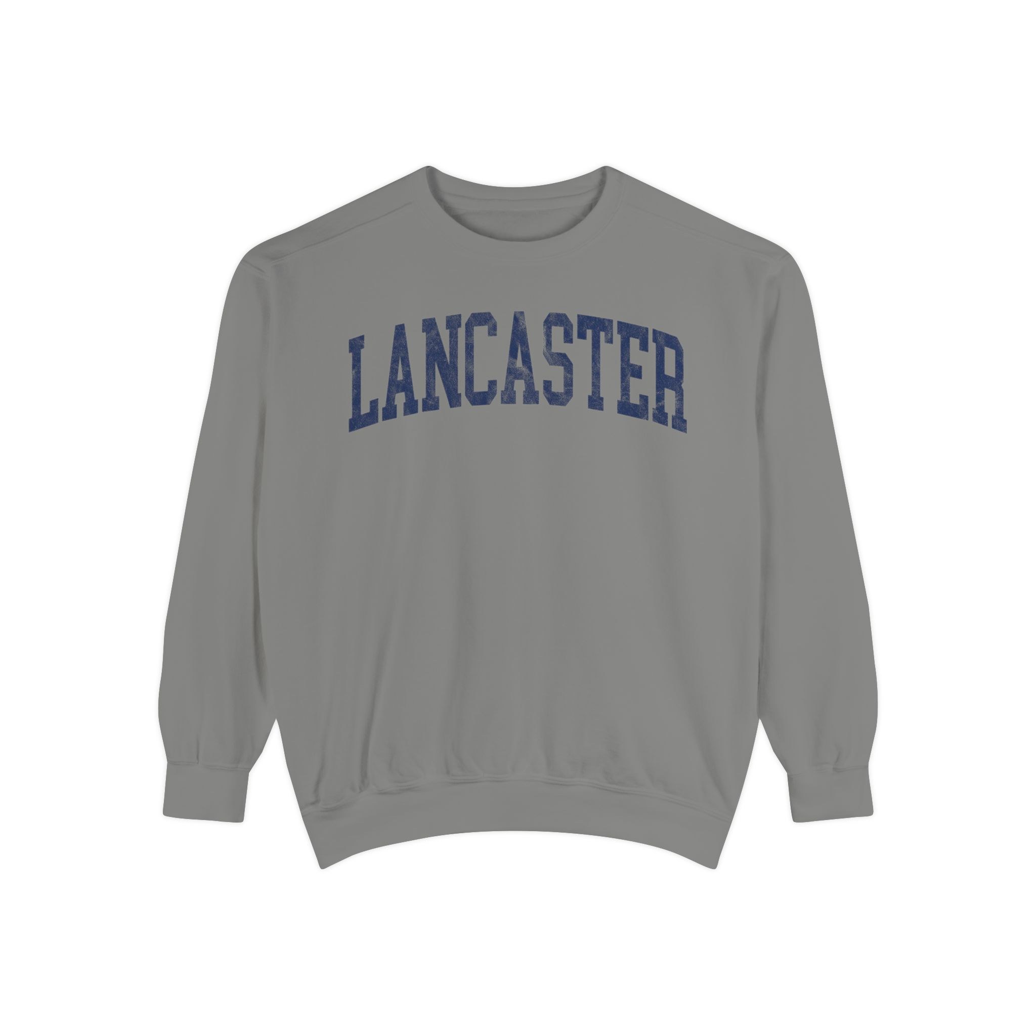 Lancaster Garment-Dyed Crewneck in Dusting, front — LANCASTER lettering