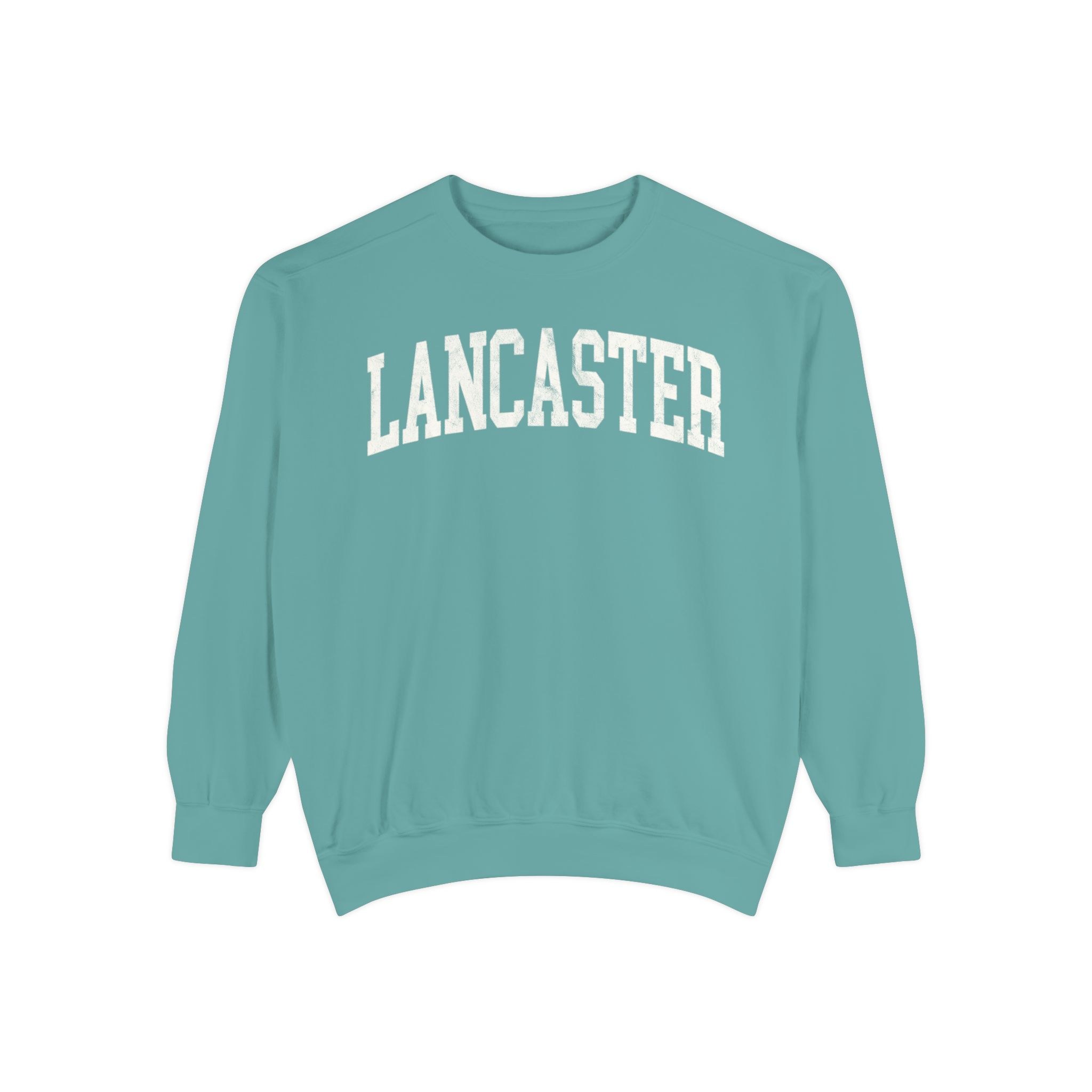 Lancaster Garment-Dyed Crewneck in Erie Blue, front — LANCASTER lettering