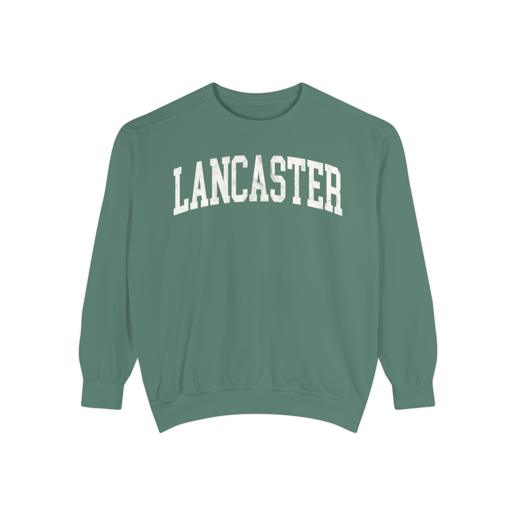 Lancaster Garment-Dyed Crewneck in Light Green, front — LANCASTER lettering