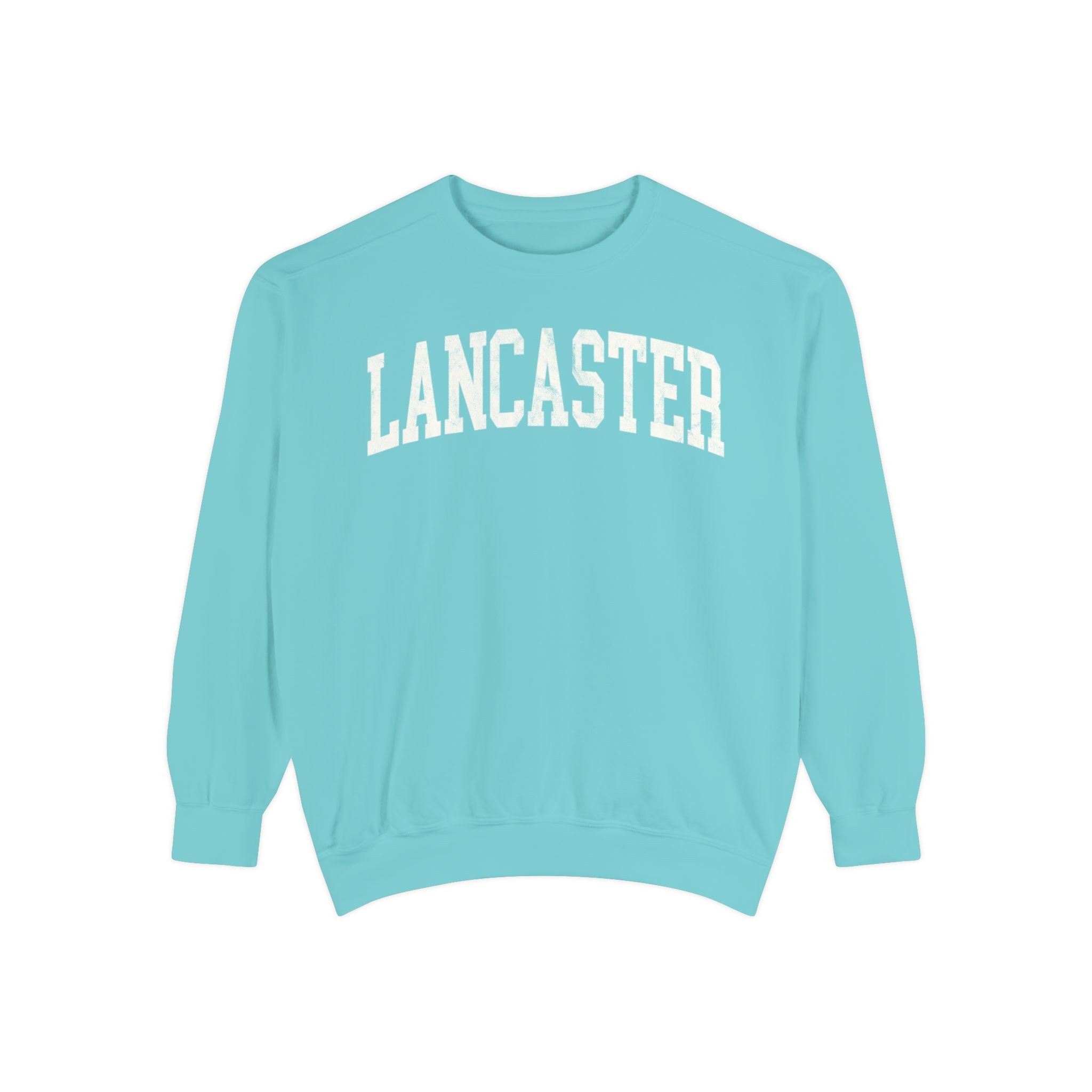 Lancaster Garment-Dyed Crewneck in Light Ice, front — LANCASTER lettering