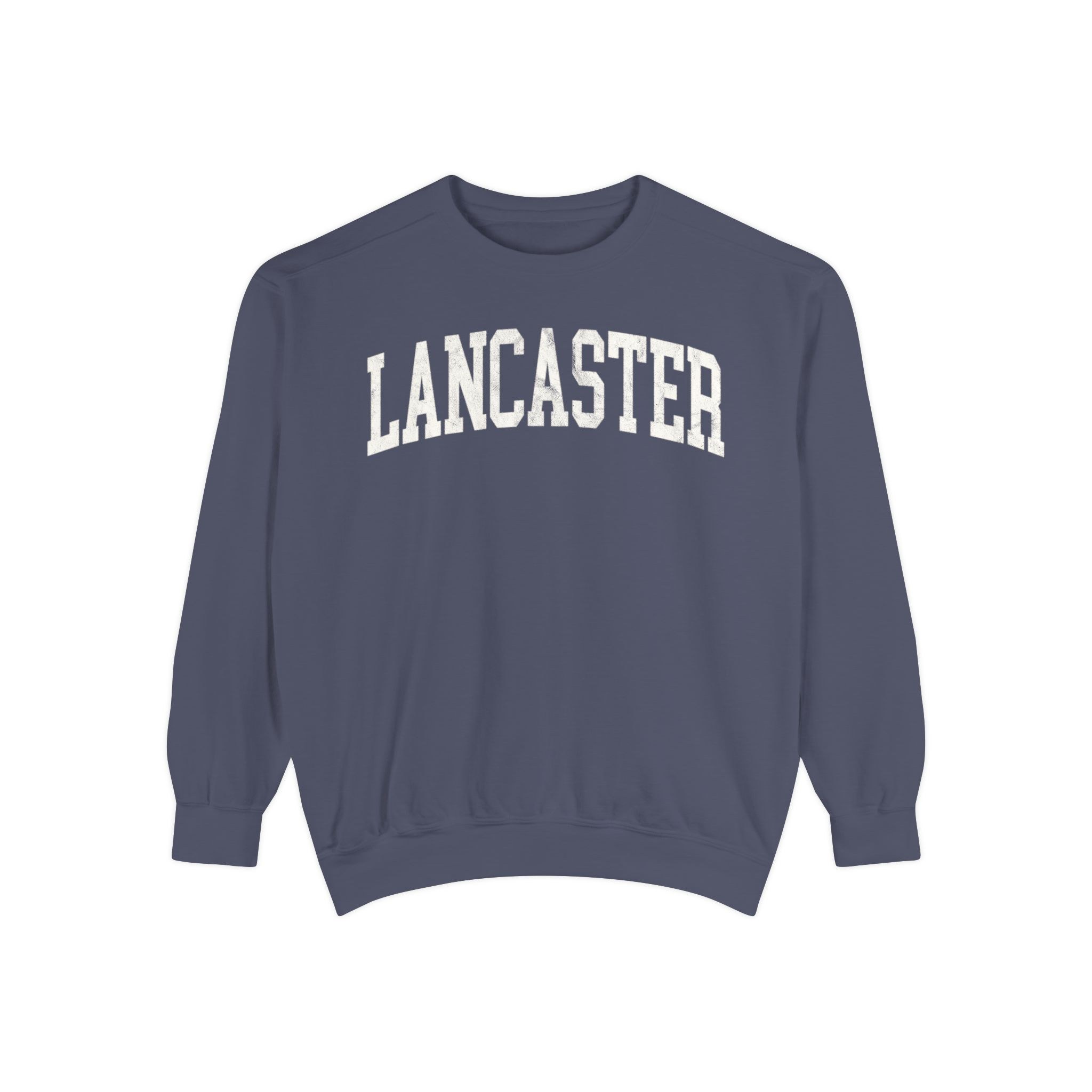 Lancaster Garment-Dyed Crewneck in Predawn, front — LANCASTER lettering