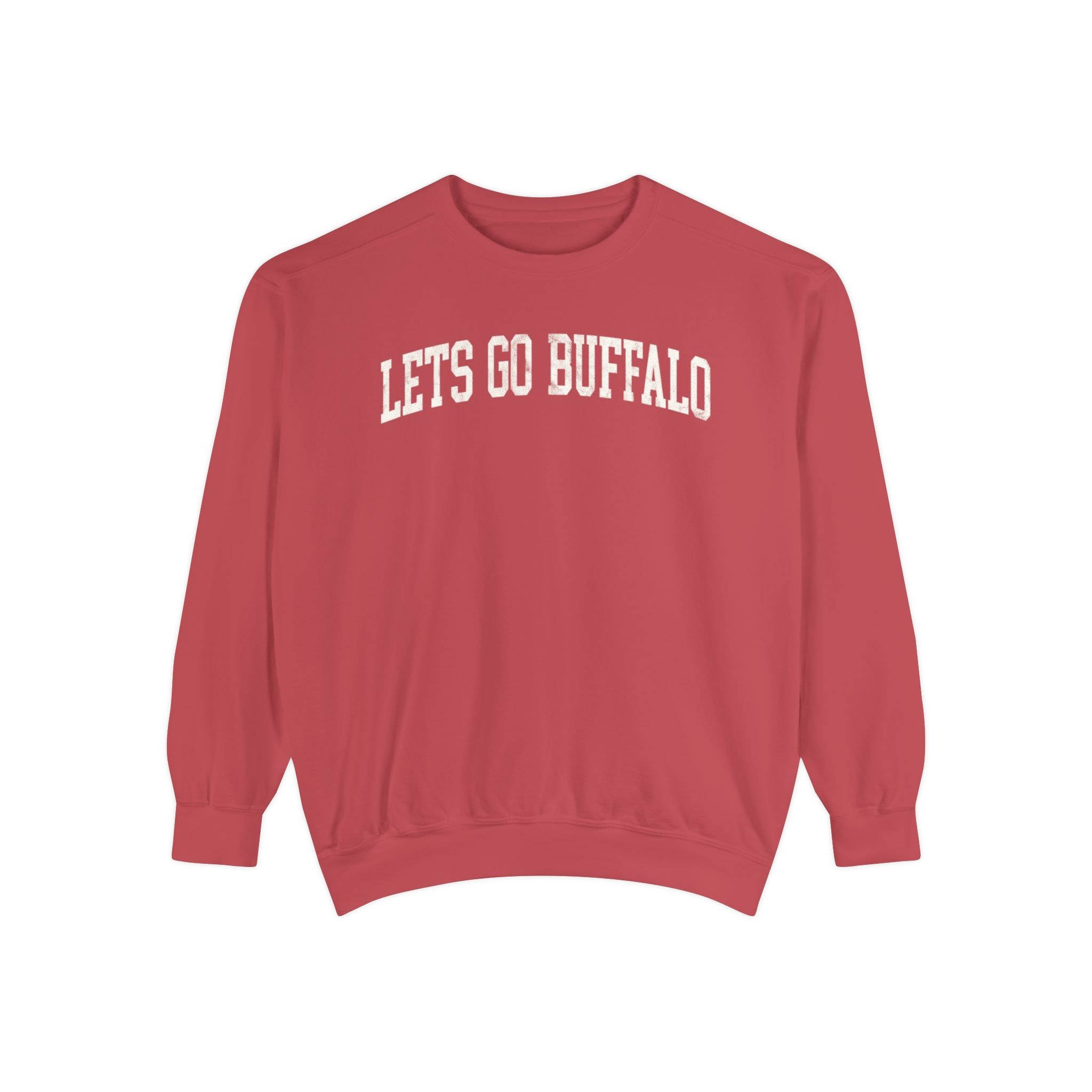 Let's Go Buffalo Garment-Dyed Crewneck in Collegiate Crimson, front — LETS GO BUFFALO lettering
