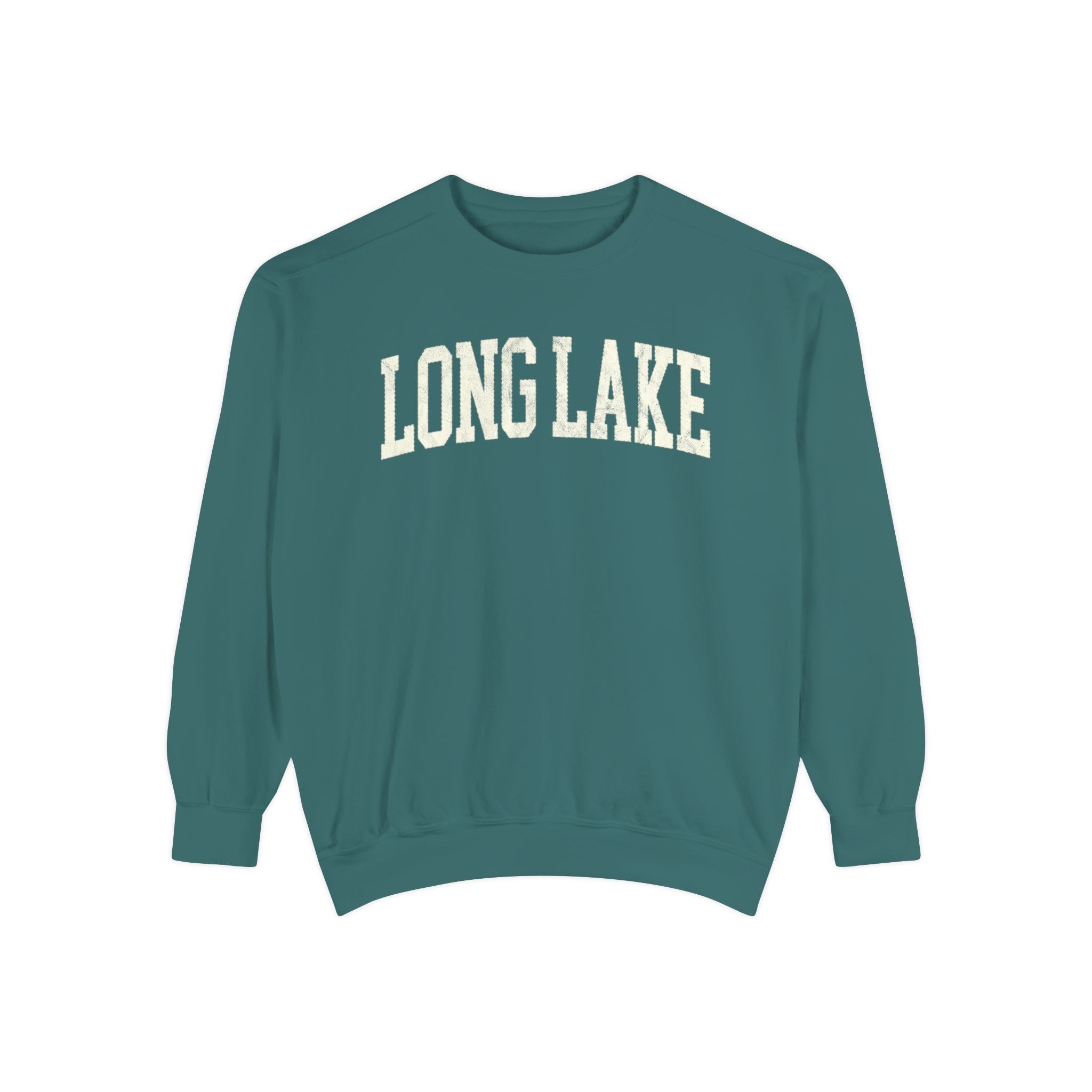 Long Lake Garment-Dyed Crewneck in Blue Spruce, front — LONG LAKE lettering