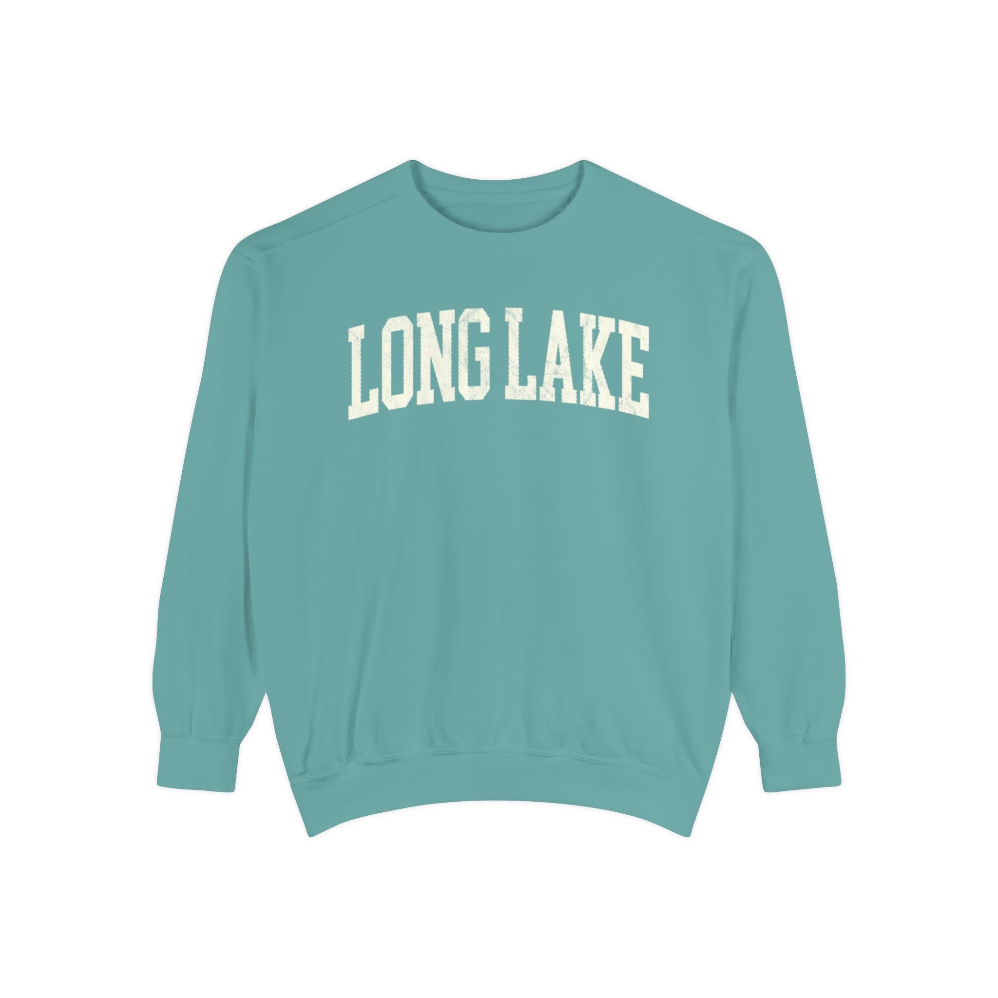 Long Lake Garment-Dyed Crewneck in Erie Blue, front — LONG LAKE lettering