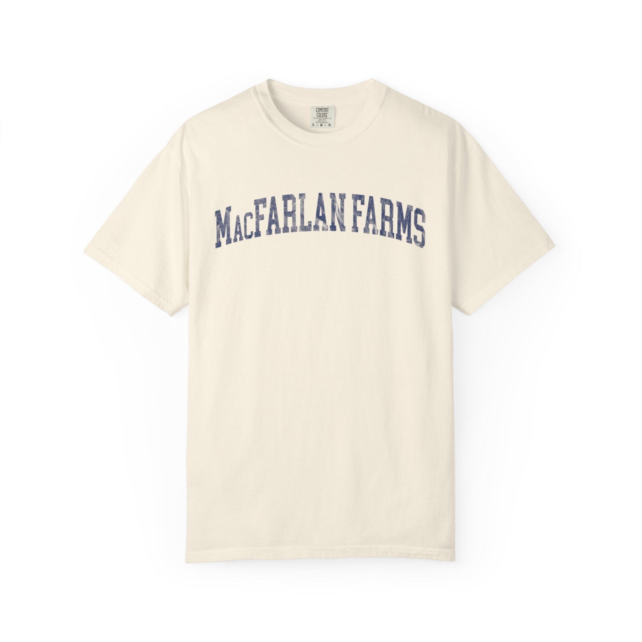 MacFarlan Farms Garment-Dyed Tee in Crème Fraîche, front — MACFARLAN FARMS lettering