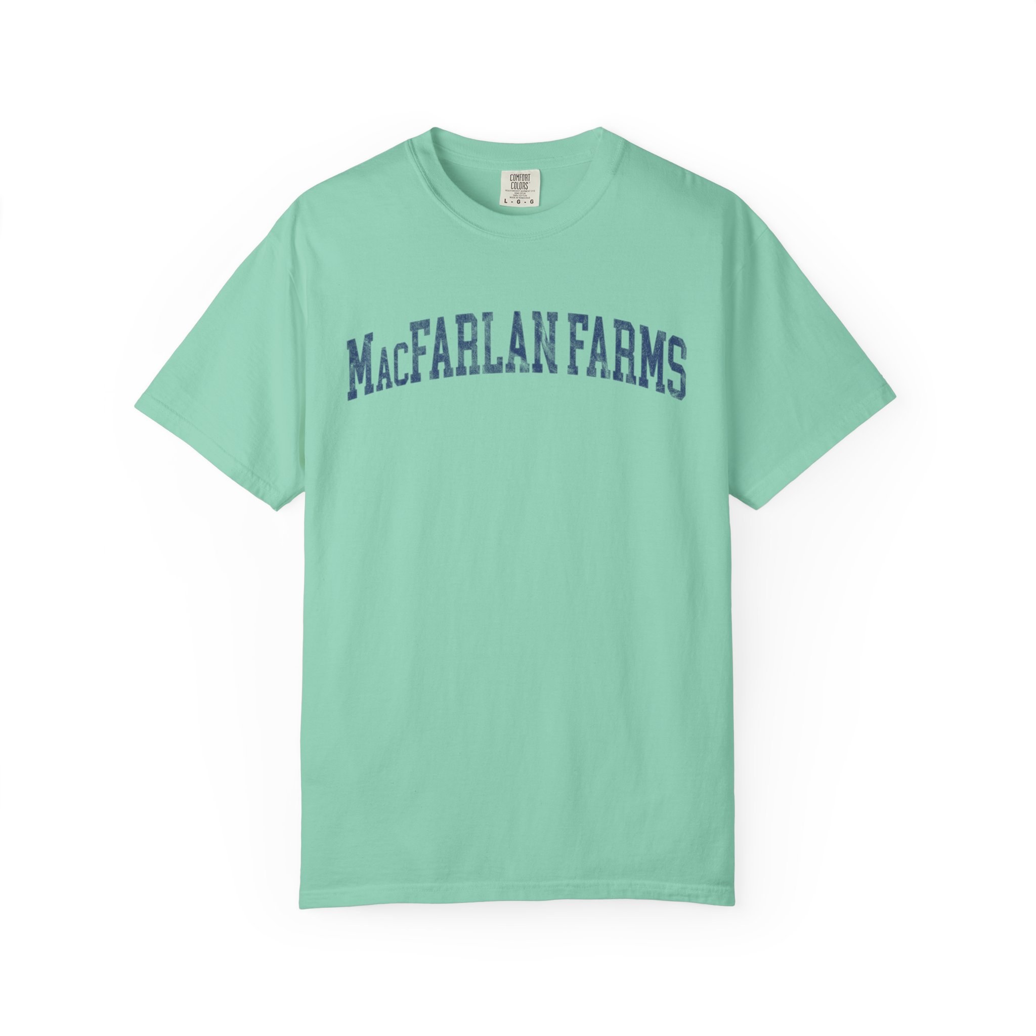 MacFarlan Farms Garment-Dyed Tee in Teal Good Inc, front — MACFARLAN FARMS lettering