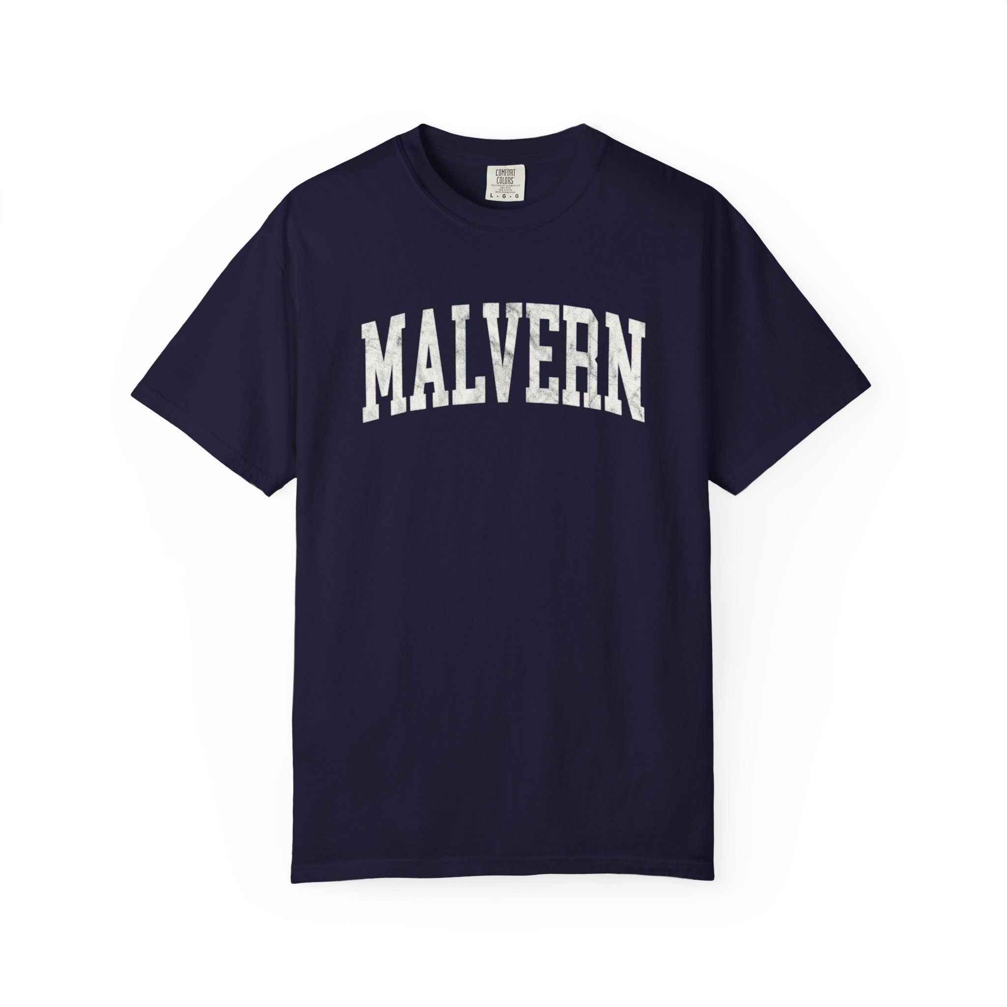 Malvern Garment-Dyed Tee in Boathouse Blue, front — MALVERN lettering