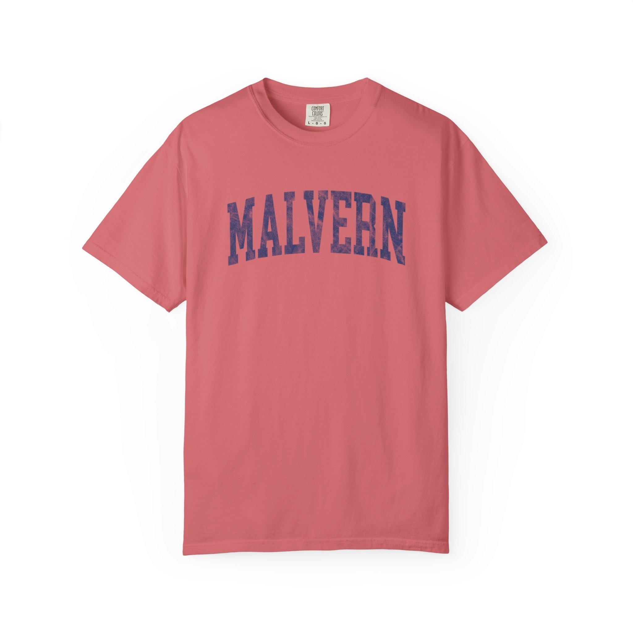 Malvern Garment-Dyed Tee in Strawberry Cloud, front — MALVERN lettering