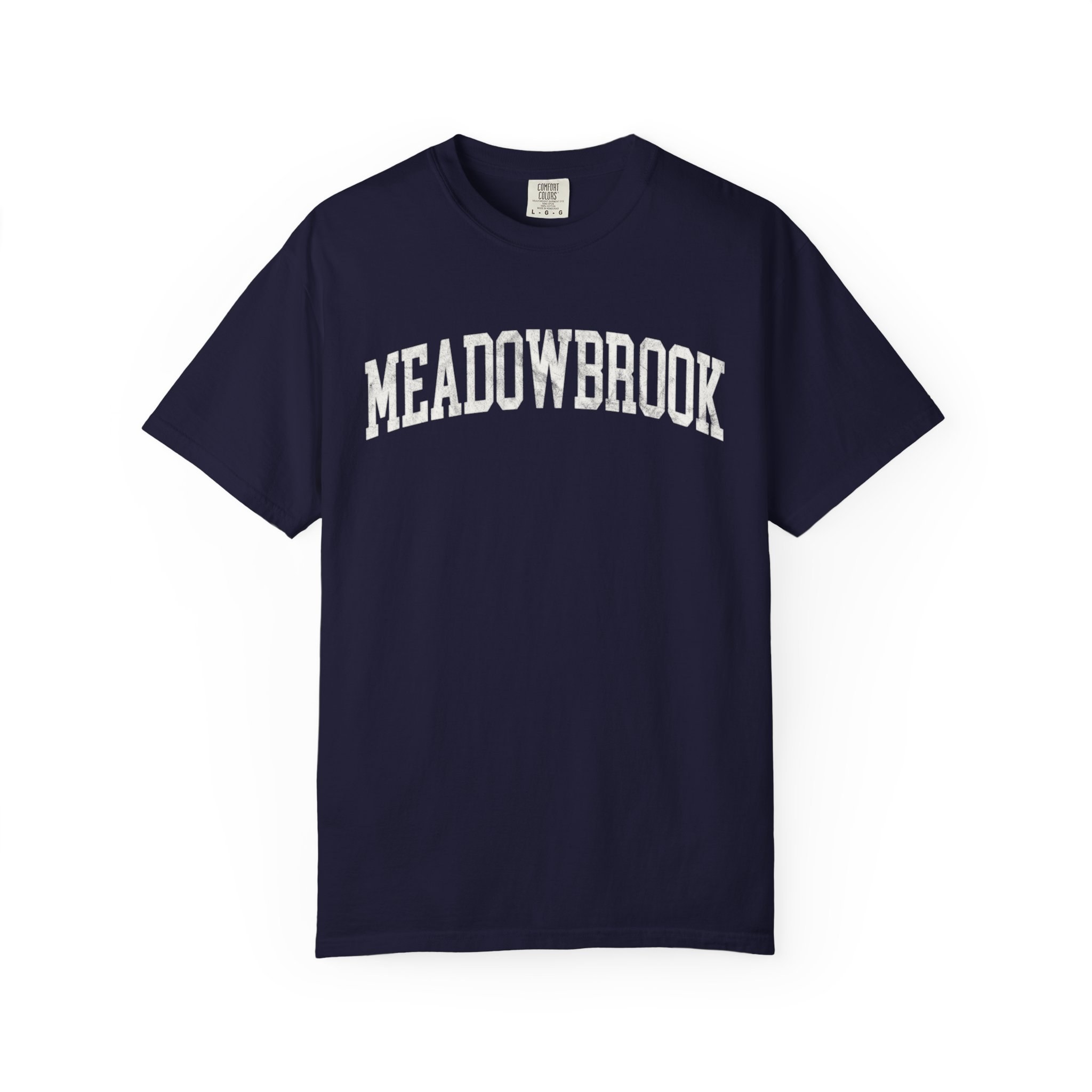Meadowbrook Garment-Dyed Tee in Boathouse Blue, front — MEADOWBROOK lettering