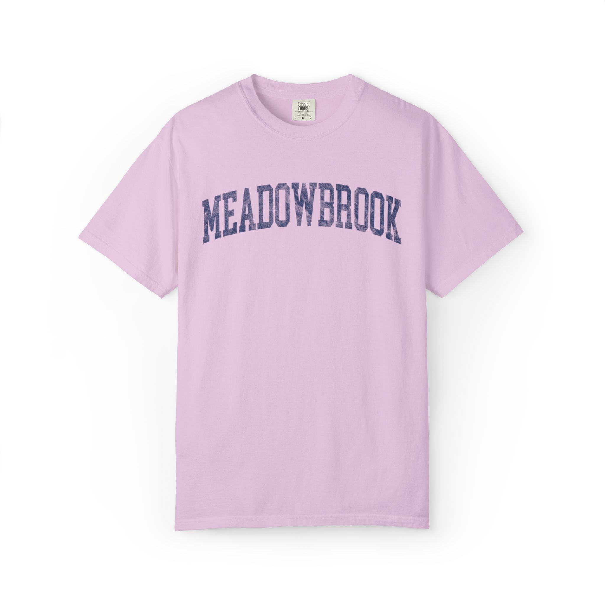 Meadowbrook Garment-Dyed Tee in Lilac Szn, front — MEADOWBROOK lettering