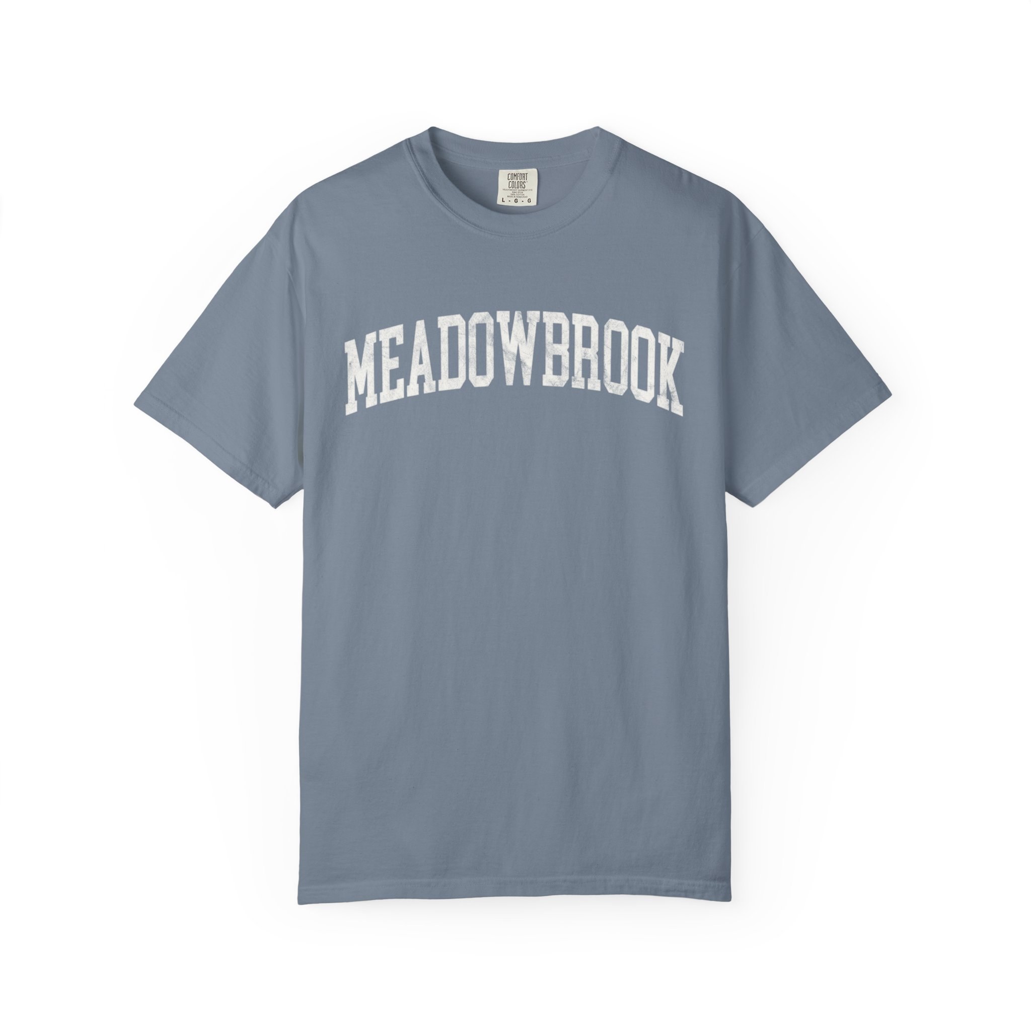 Meadowbrook Garment-Dyed Tee in Samantha Blue, front — MEADOWBROOK lettering